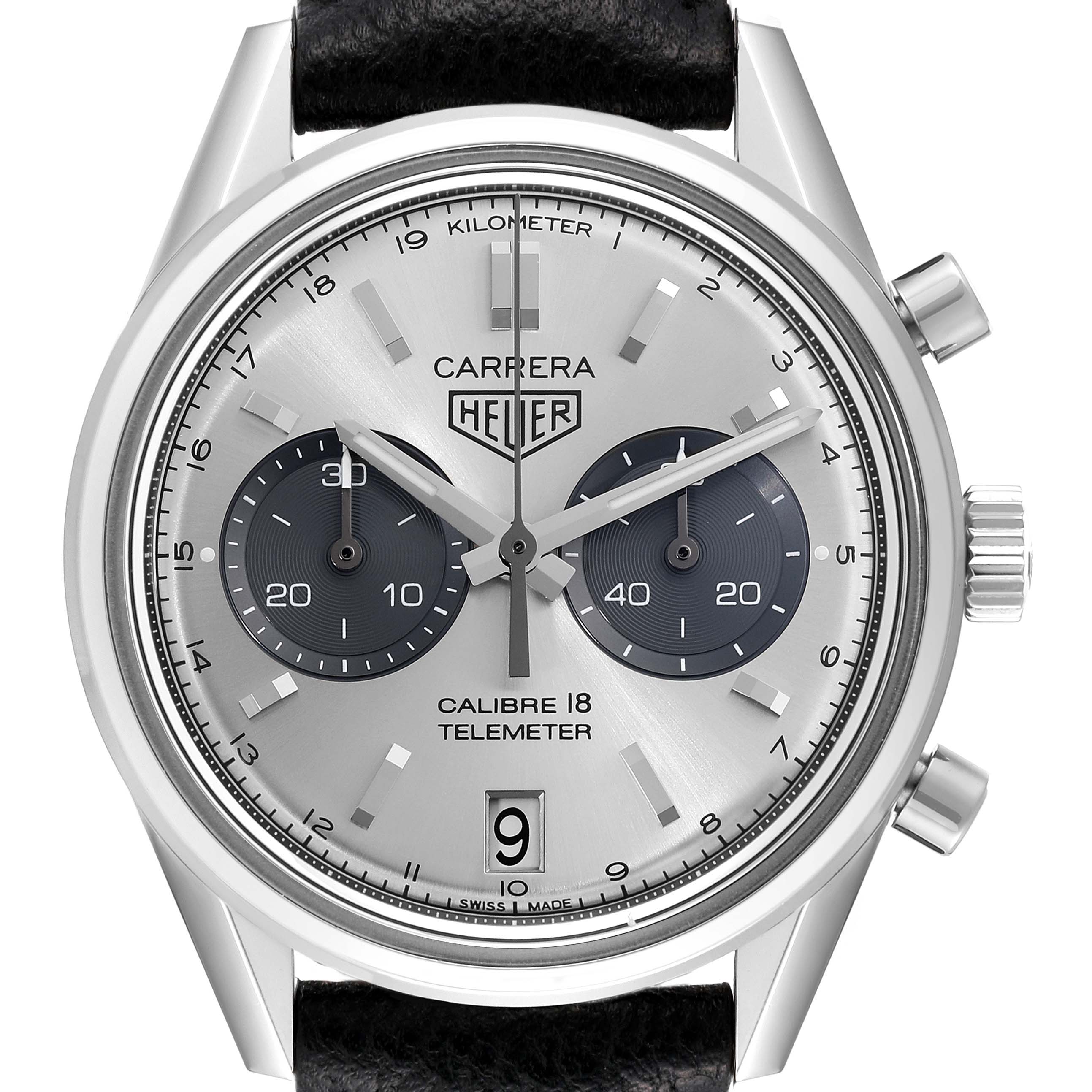 The Tag Heuer Carrera CAR221A Men's Stainless Steel Silver Dial CAR221A Men's Stainless Steel Silver Dial watch is shown from a front angle, displaying its silver dial, chronograph sub-dials, and leather strap.
