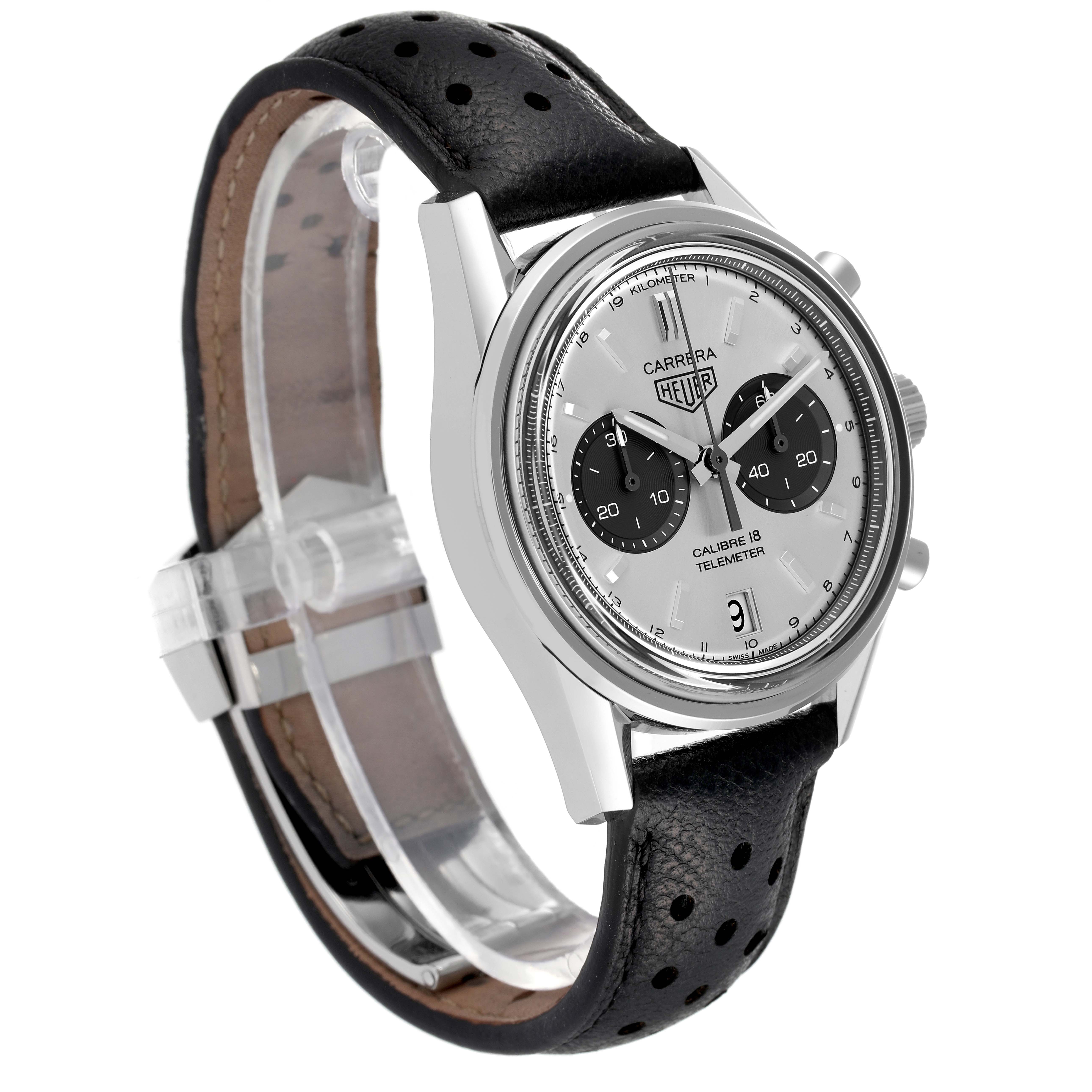 The image shows a Tag Heuer Carrera CAR221A Men's Stainless Steel Silver Dial CAR221A Men's Stainless Steel Silver Dial watch from an angled side view, featuring its strap, bezel, and dial.