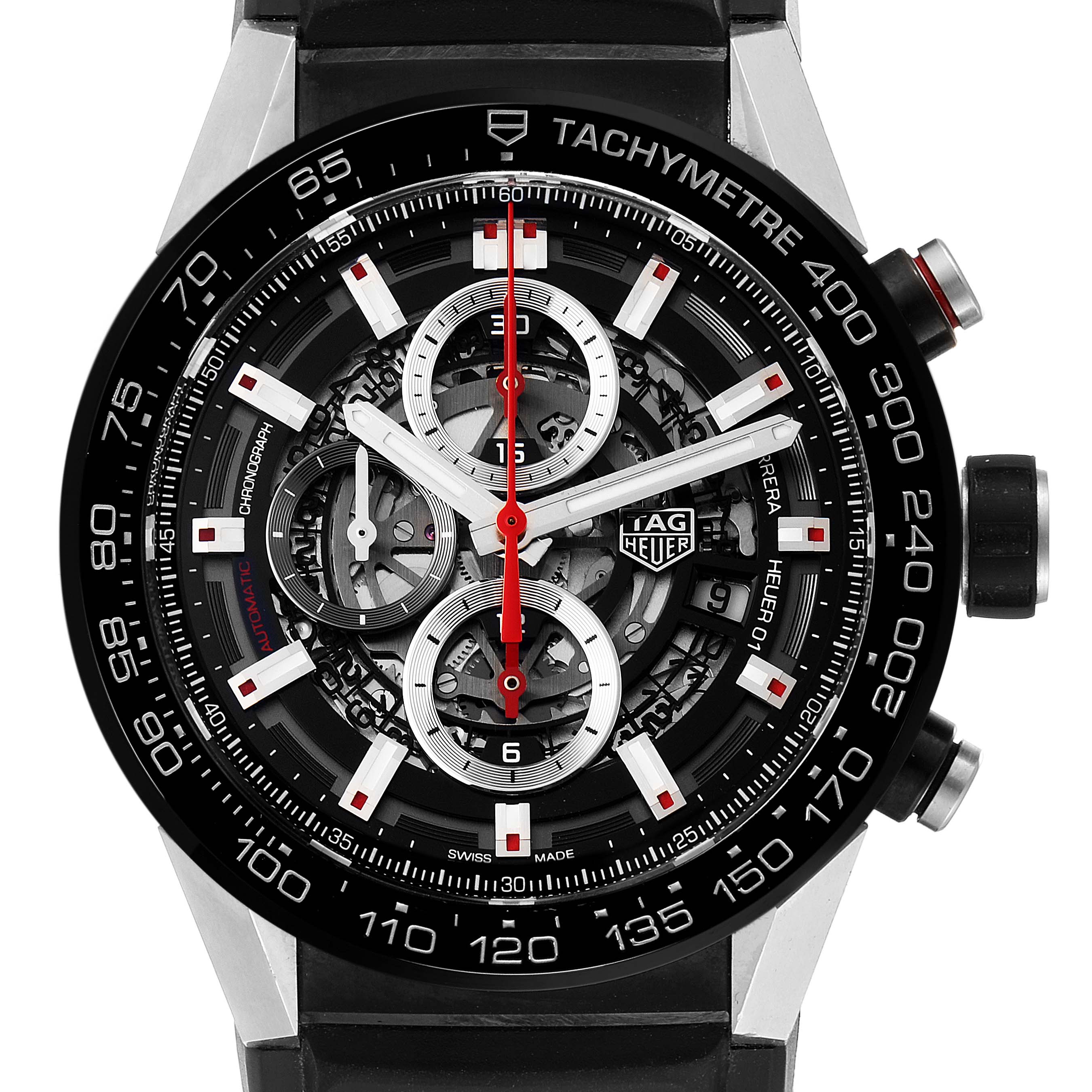 The image shows a close-up view of the dial, tachymeter bezel, and chronograph sub-dials of the Tag Heuer Carrera CAR2A1Z.FT6044 Men
s Stainless Steel Black Dial CAR2A1Z.FT6044 Men
s Stainless Steel Black Dial watch.
