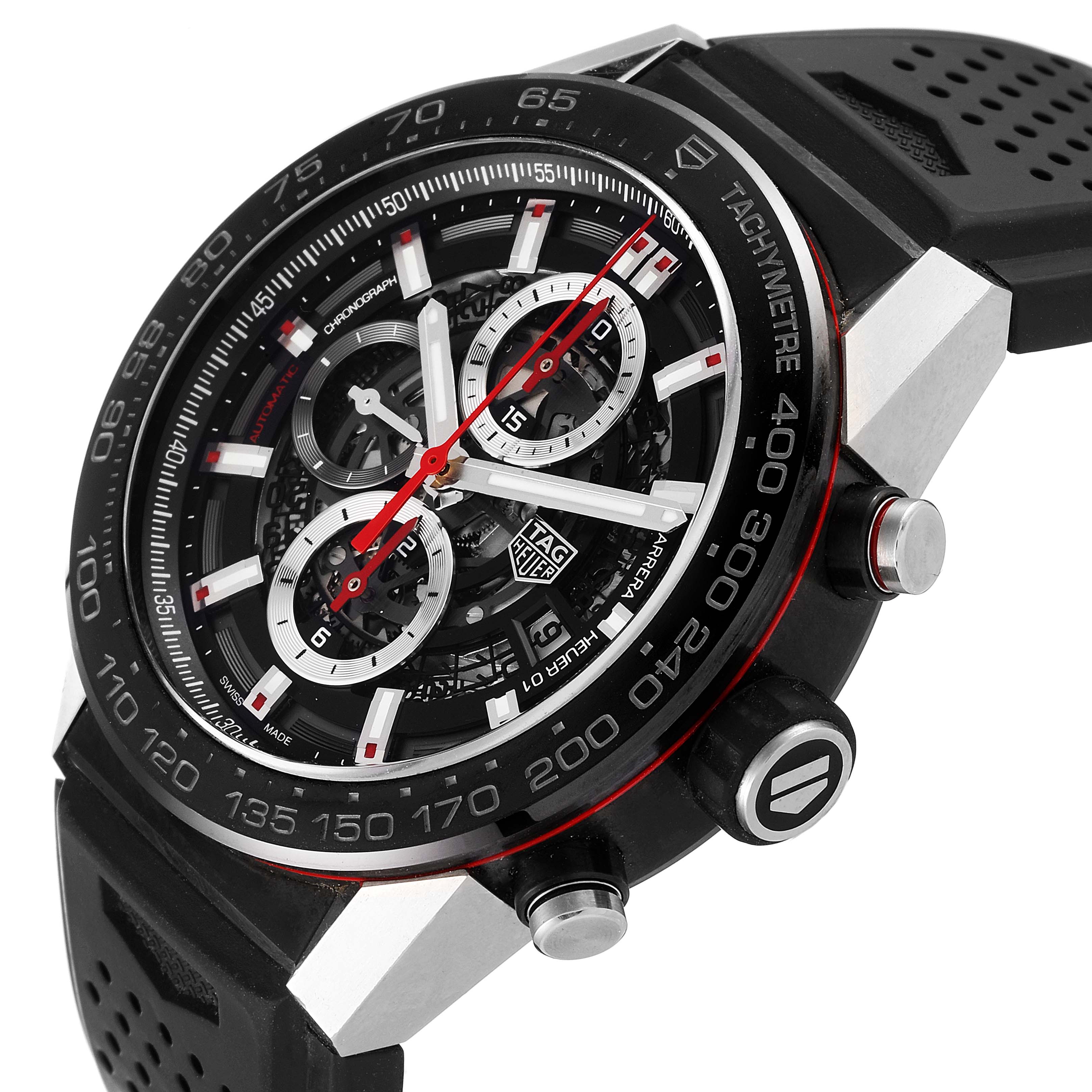 This Tag Heuer Carrera CAR2A1Z.FT6044 Men
s Stainless Steel Black Dial CAR2A1Z.FT6044 Men
s Stainless Steel Black Dial watch is shown from an angled perspective, highlighting its tachymeter bezel and chronograph subdials.