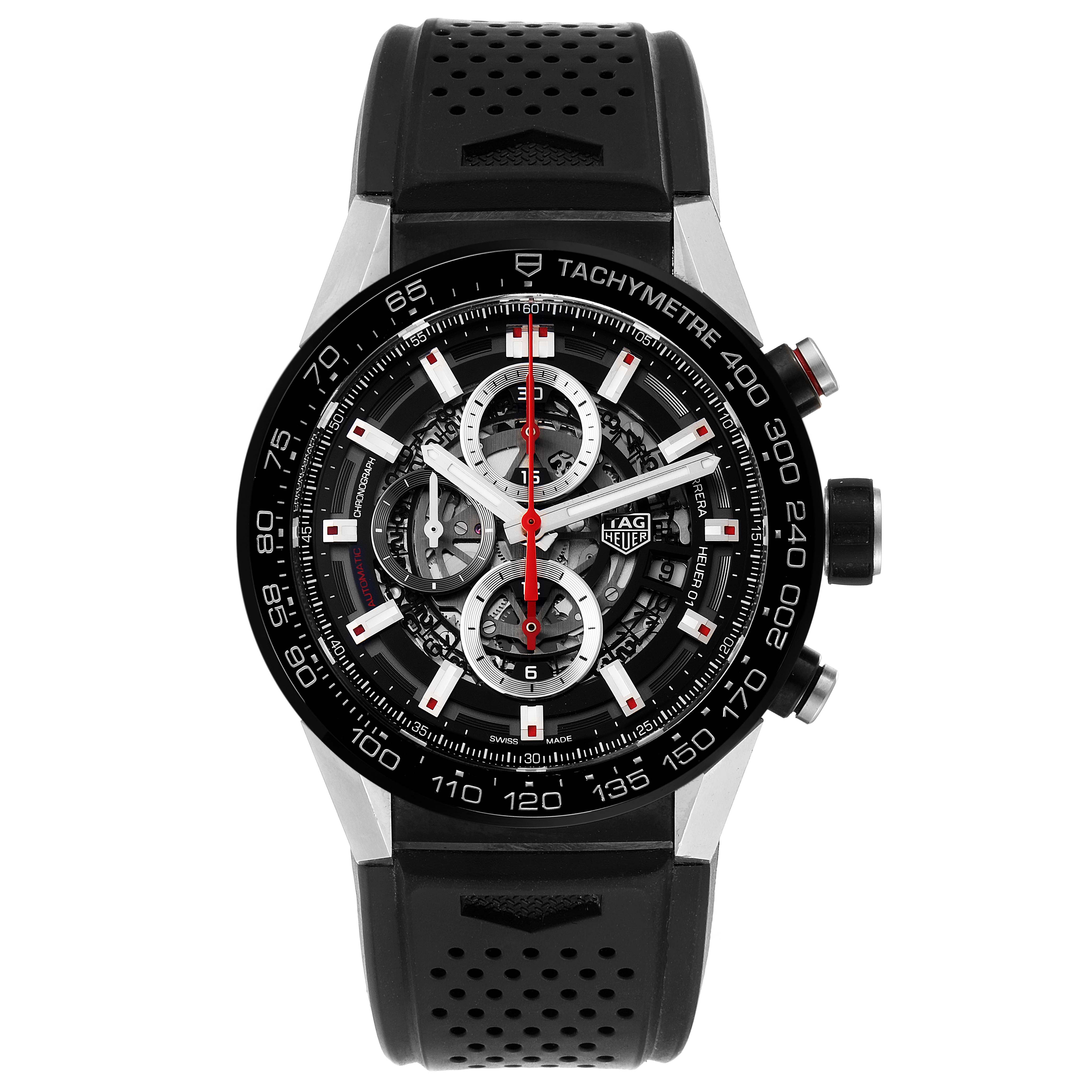 This image shows a front view of the Tag Heuer Carrera CAR2A1Z.FT6044 Men
s Stainless Steel Black Dial CAR2A1Z.FT6044 Men
s Stainless Steel Black Dial watch, highlighting its black strap, intricate dial, and tachymeter bezel.