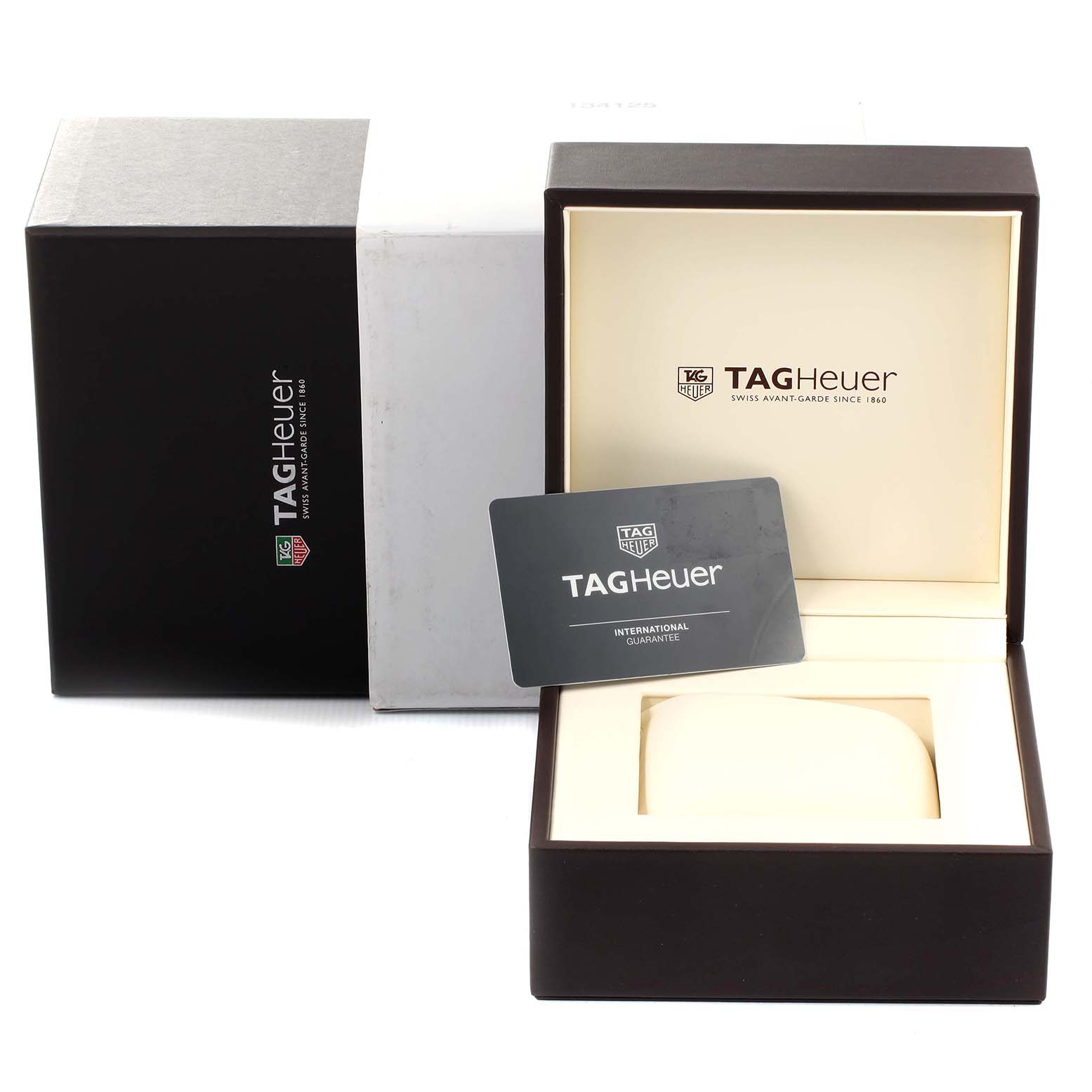 The image shows the packaging, box, and international guarantee card for the Tag Heuer Carrera CAR2A1Z.FT6044 Men
s Stainless Steel Black Dial CAR2A1Z.FT6044 Men
s Stainless Steel Black Dial model.