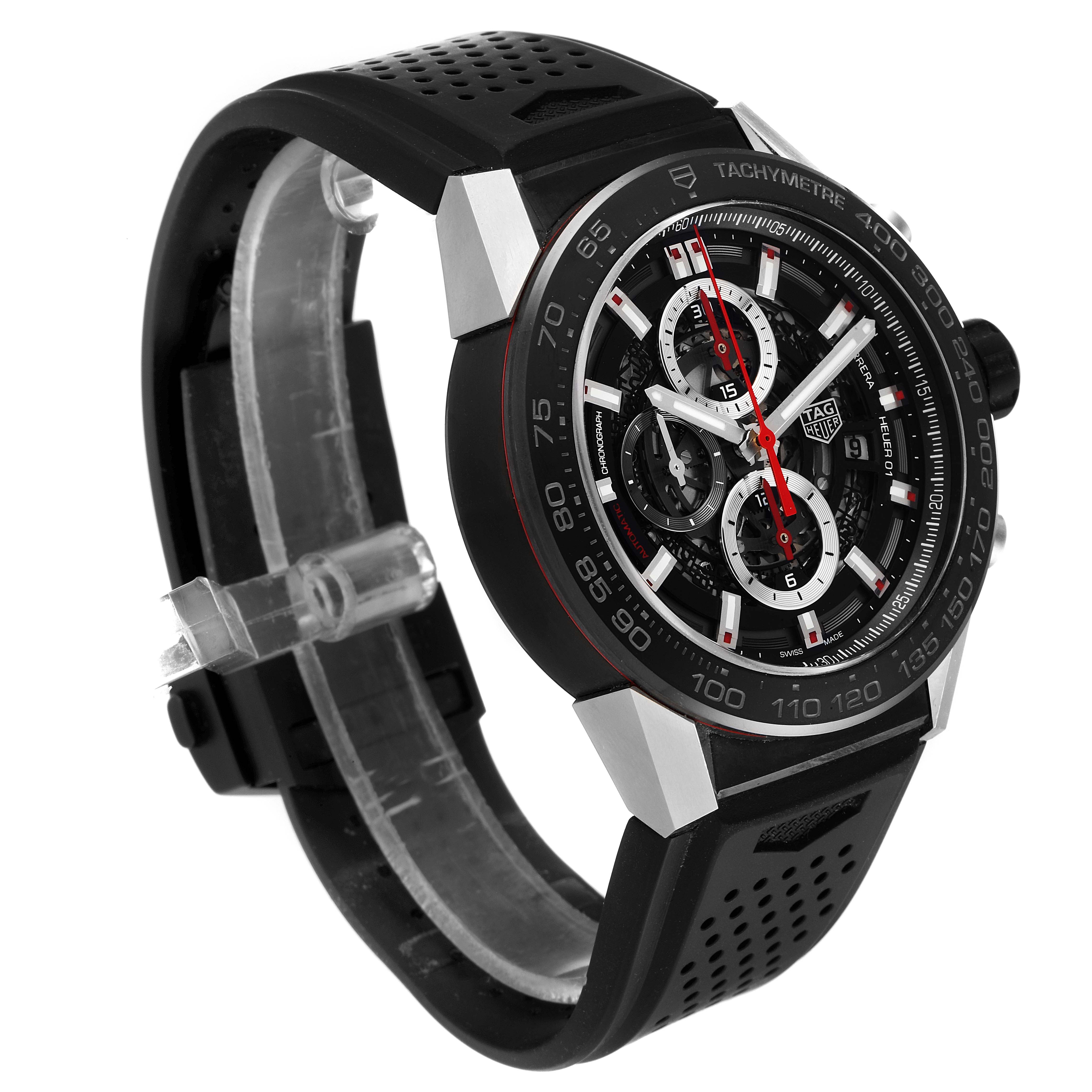 The image shows a Tag Heuer Carrera CAR2A1Z.FT6044 Men
s Stainless Steel Black Dial CAR2A1Z.FT6044 Men
s Stainless Steel Black Dial watch at a three-quarter angle, highlighting its face, bezel, and strap.