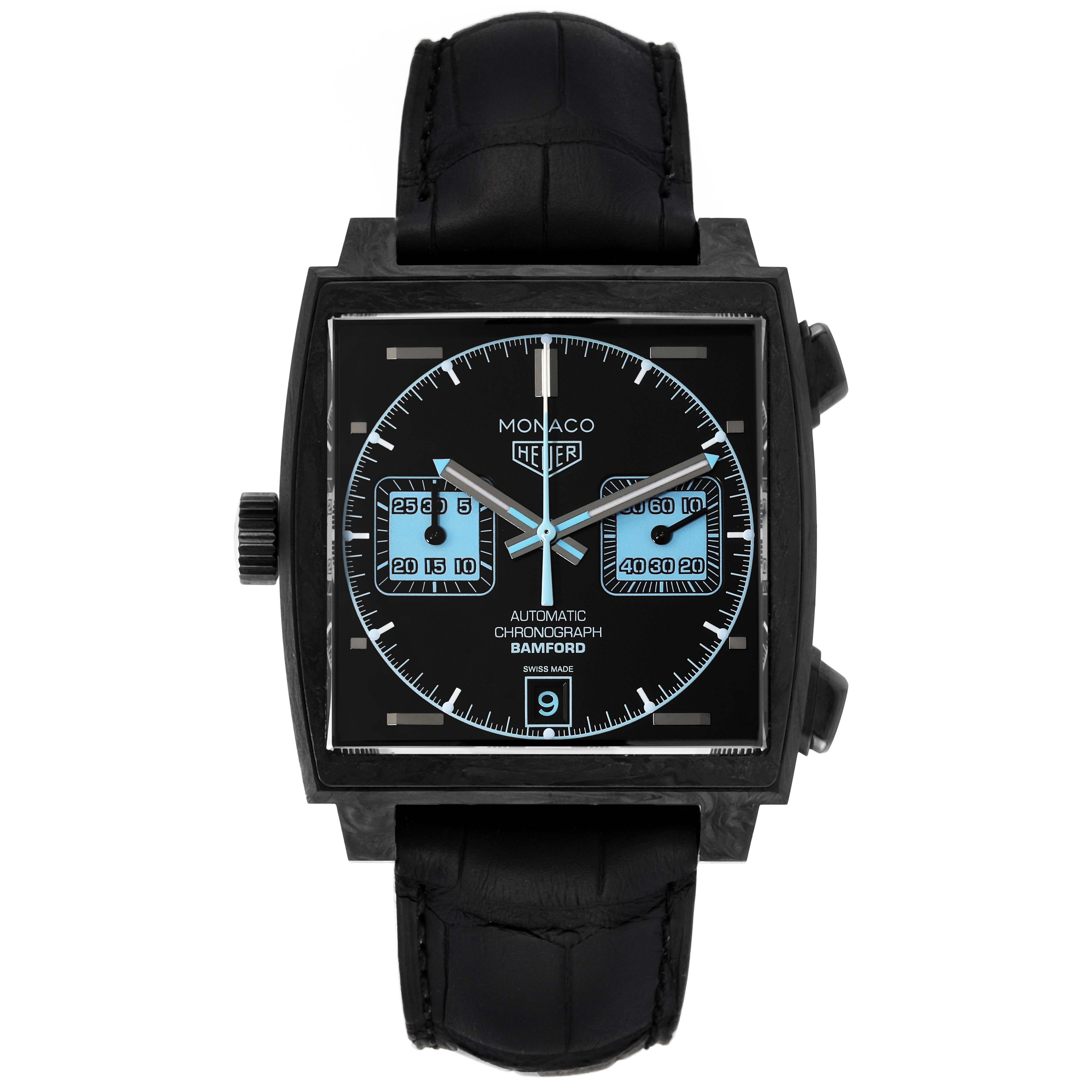 The Tag Heuer Monaco model watch is shown from a front angle, displaying the face, case, and strap.