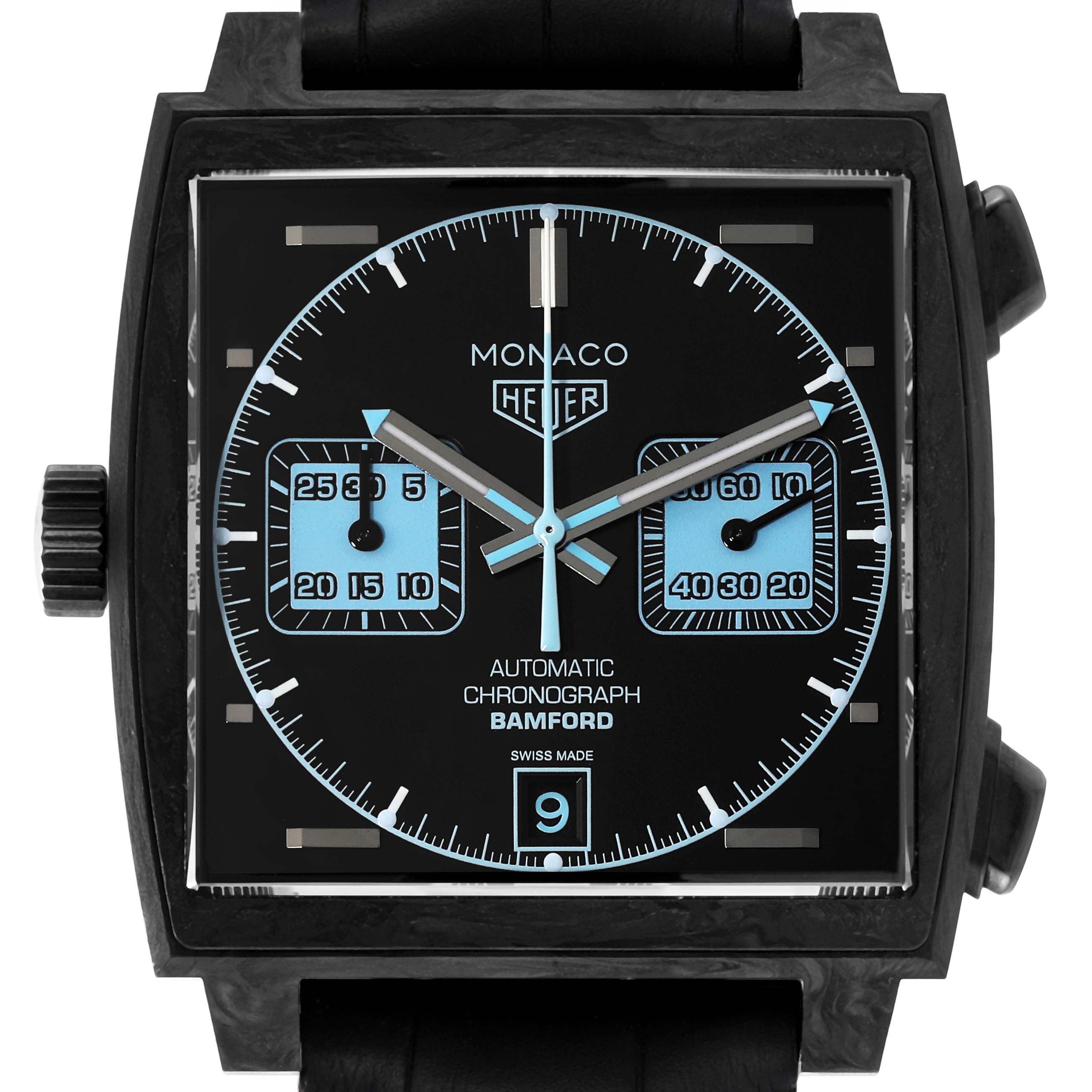 The image shows a front view of a Limited Edition Tag Heuer Monaco Bamford watch, highlighting its square dial and chronograph features.