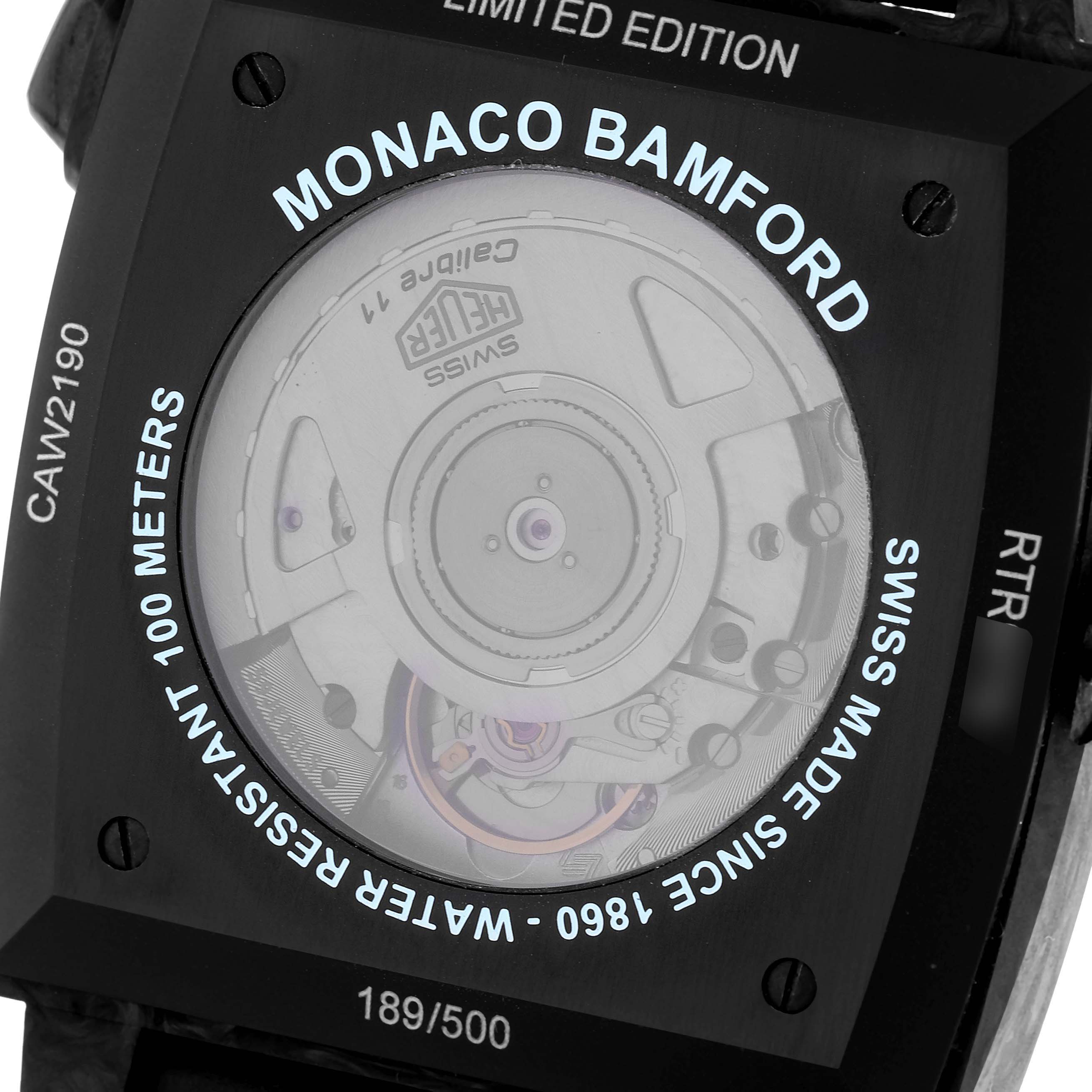 The image shows the back of a Tag Heuer Monaco Bamford watch, revealing the movement and limited edition details.