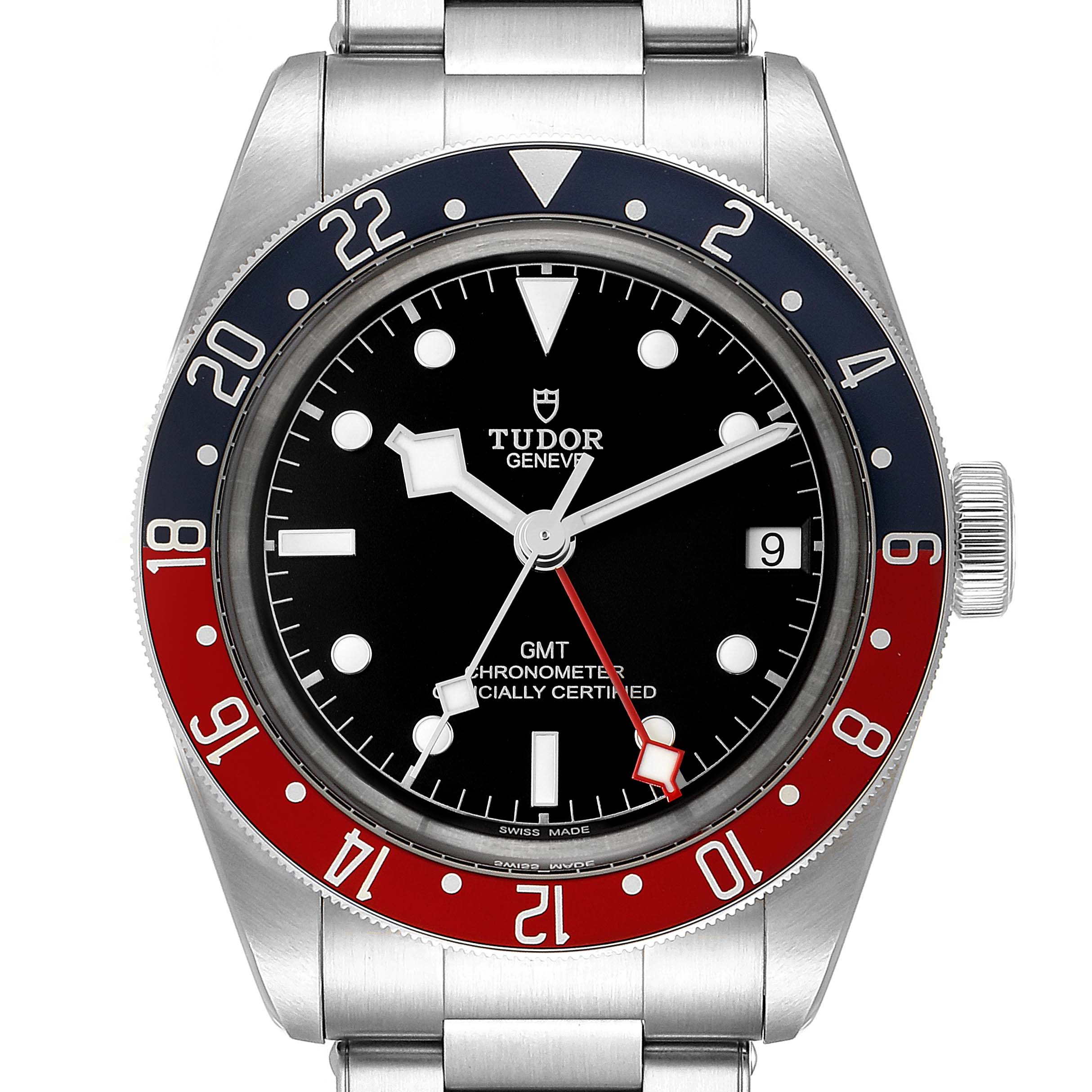The image shows a front view of the Tudor Heritage Black Bay 79830RB Men
s Stainless Steel Black Dial 79830RB Men
s Stainless Steel Black Dial GMT watch, displaying the dial, bezel, crown, and part of the bracelet.