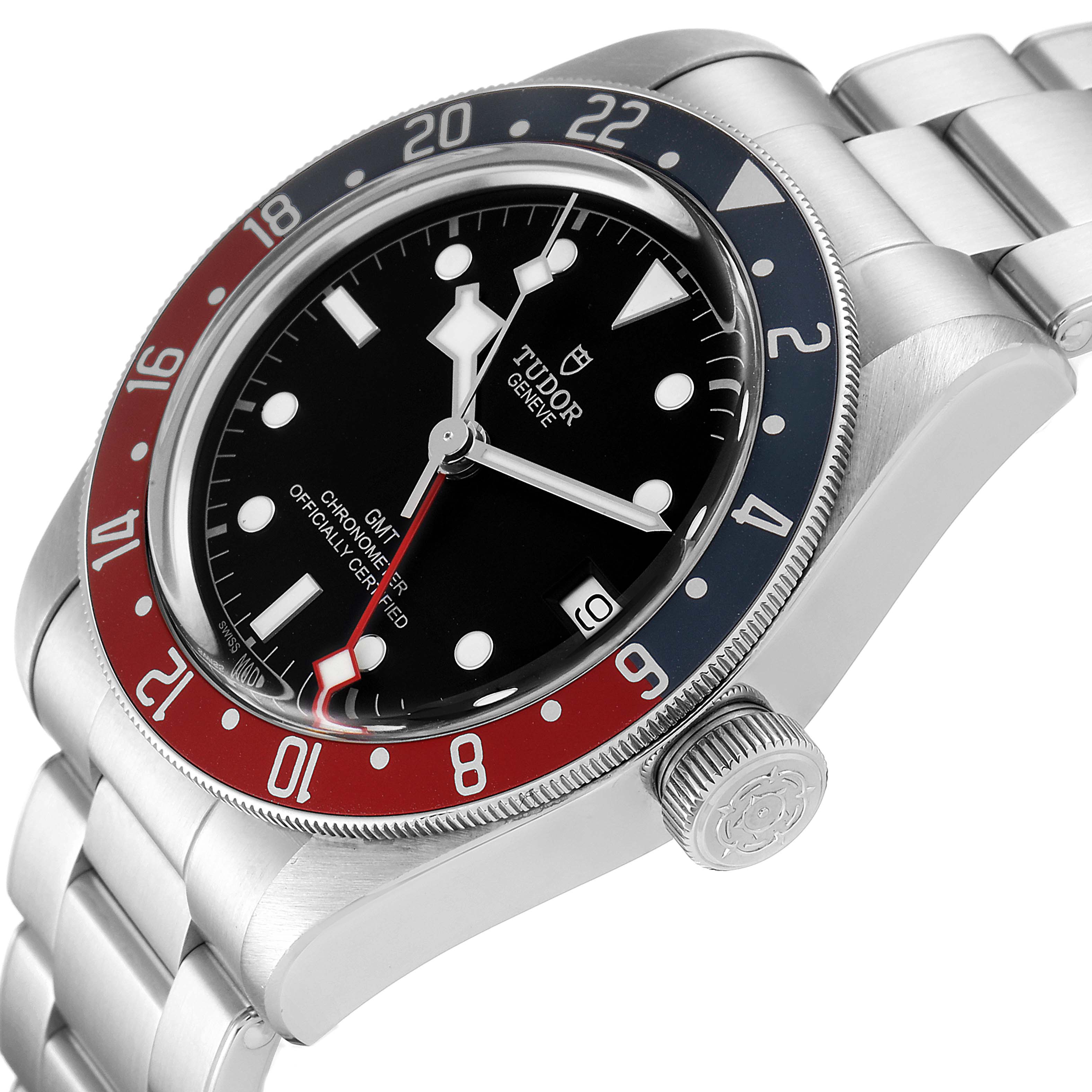 This image shows a close-up angle of the Tudor Heritage Black Bay 79830RB Men
s Stainless Steel Black Dial 79830RB Men
s Stainless Steel Black Dial watch, highlighting the watch face, bezel, case, and part of the bracelet.