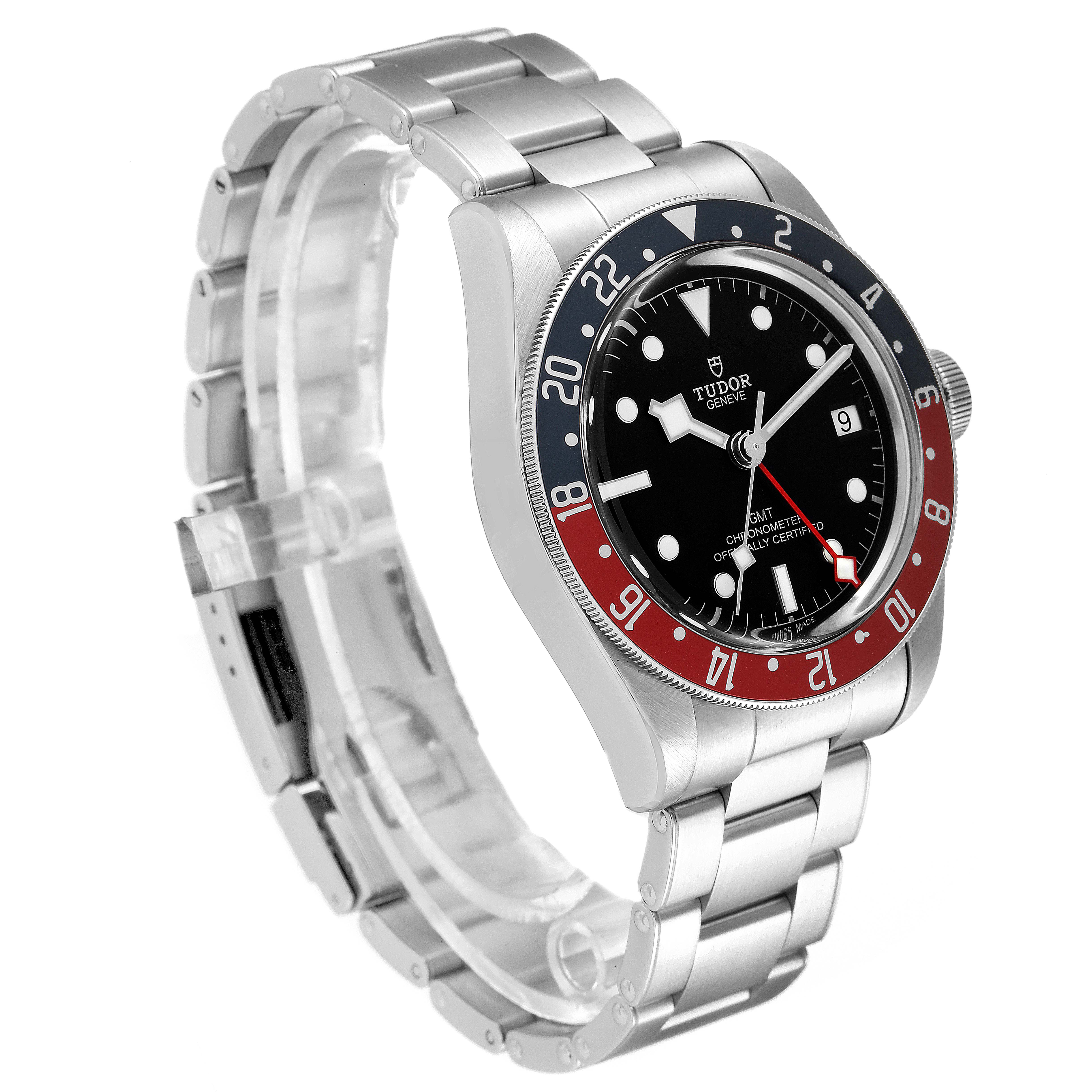 The image shows a Tudor Heritage Black Bay 79830RB Men
s Stainless Steel Black Dial 79830RB Men
s Stainless Steel Black Dial watch at an angled view, highlighting its dial, bezel, and bracelet.