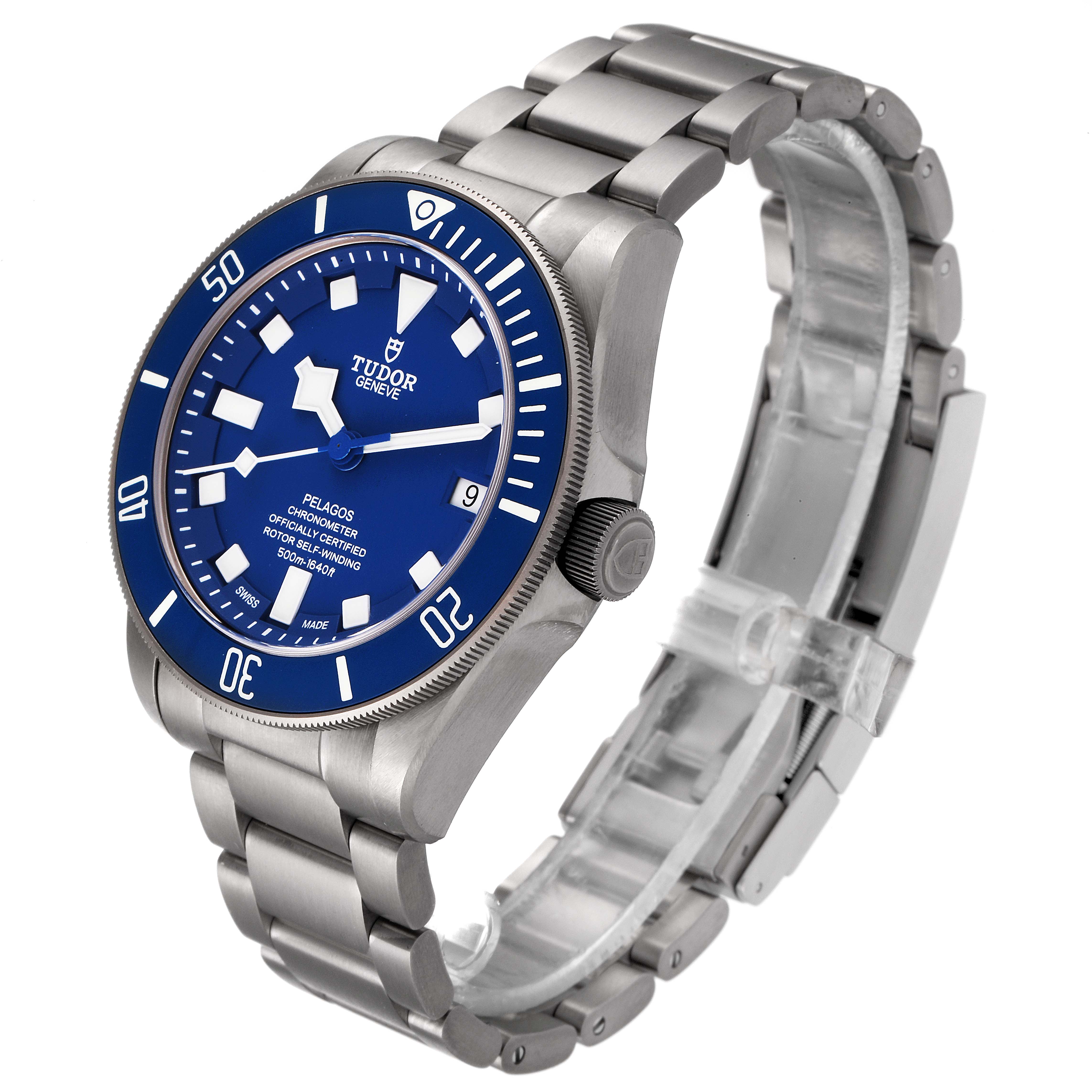 The image shows a Tudor Pelagos 25600TV Men
s Titanium Blue Dial 25600TV Men
s Titanium Blue Dial watch at a 3/4 angle highlighting the face, bezel, crown, and bracelet.
