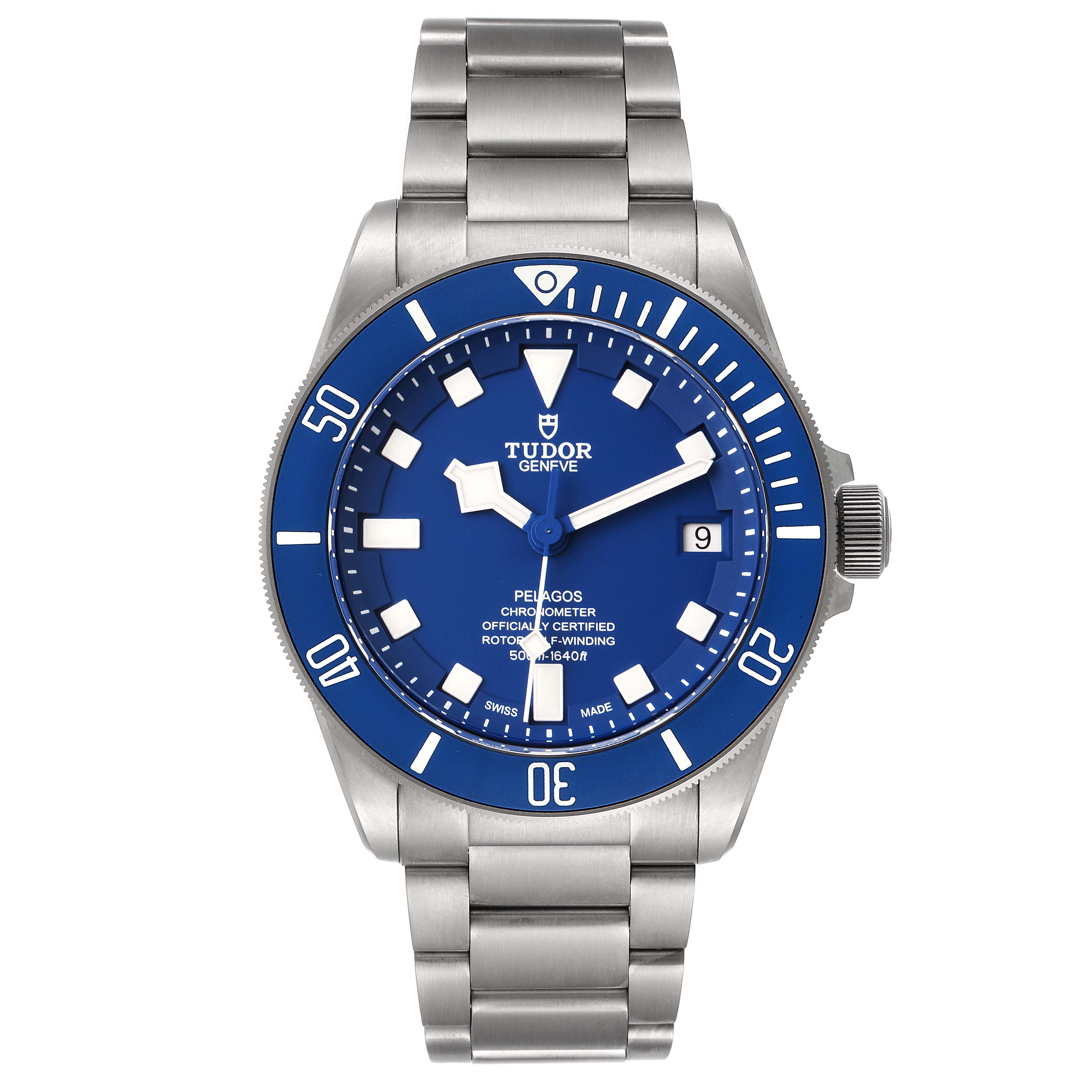 The image shows a front view of the Tudor Pelagos 25600TV Men
s Titanium Blue Dial 25600TV Men
s Titanium Blue Dial watch displaying its blue dial, bezel, and stainless steel bracelet.