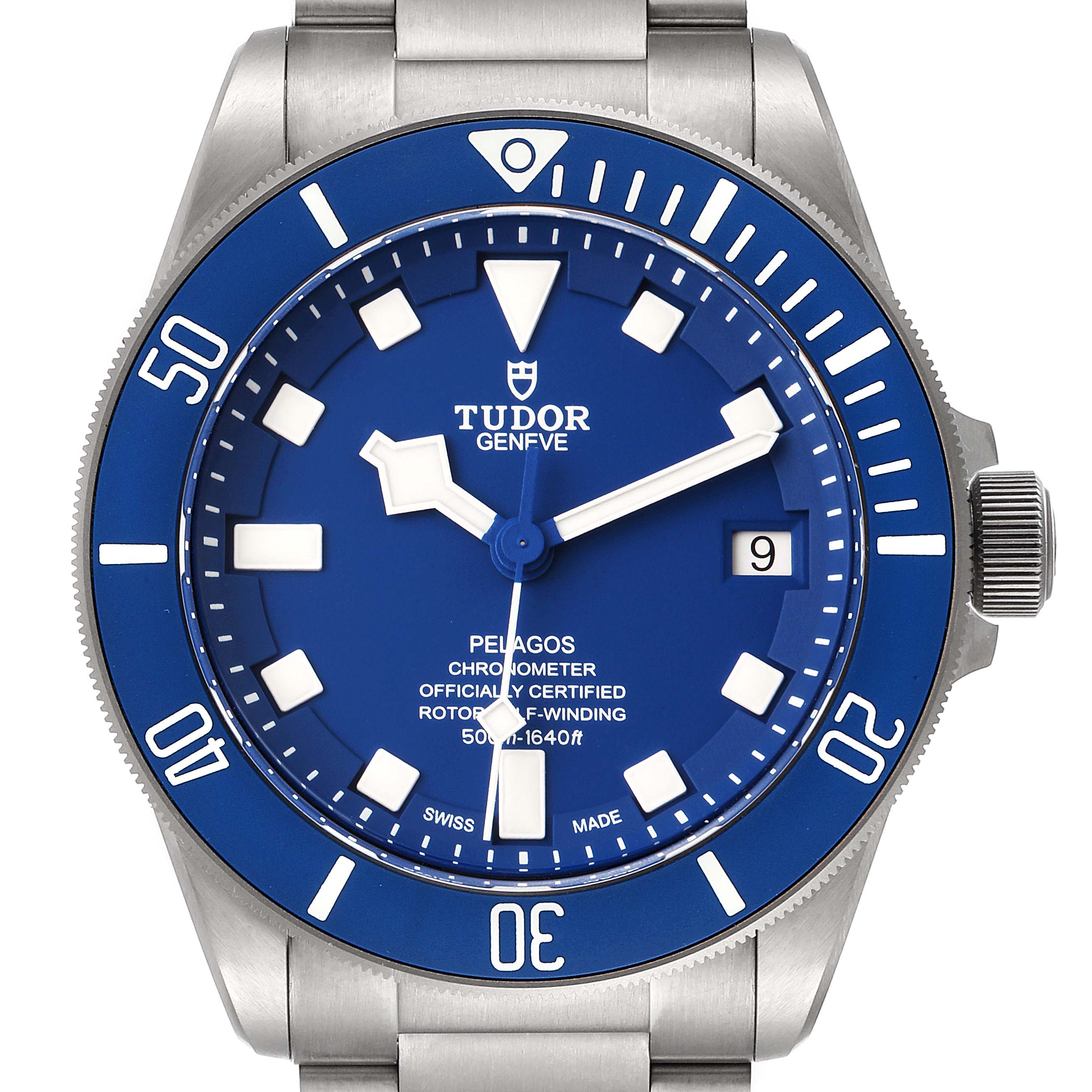 The image shows a front view of the Tudor Pelagos 25600TV Men
s Titanium Blue Dial 25600TV Men
s Titanium Blue Dial watch, highlighting its blue dial, rotating bezel, and date window at 3 o
clock.