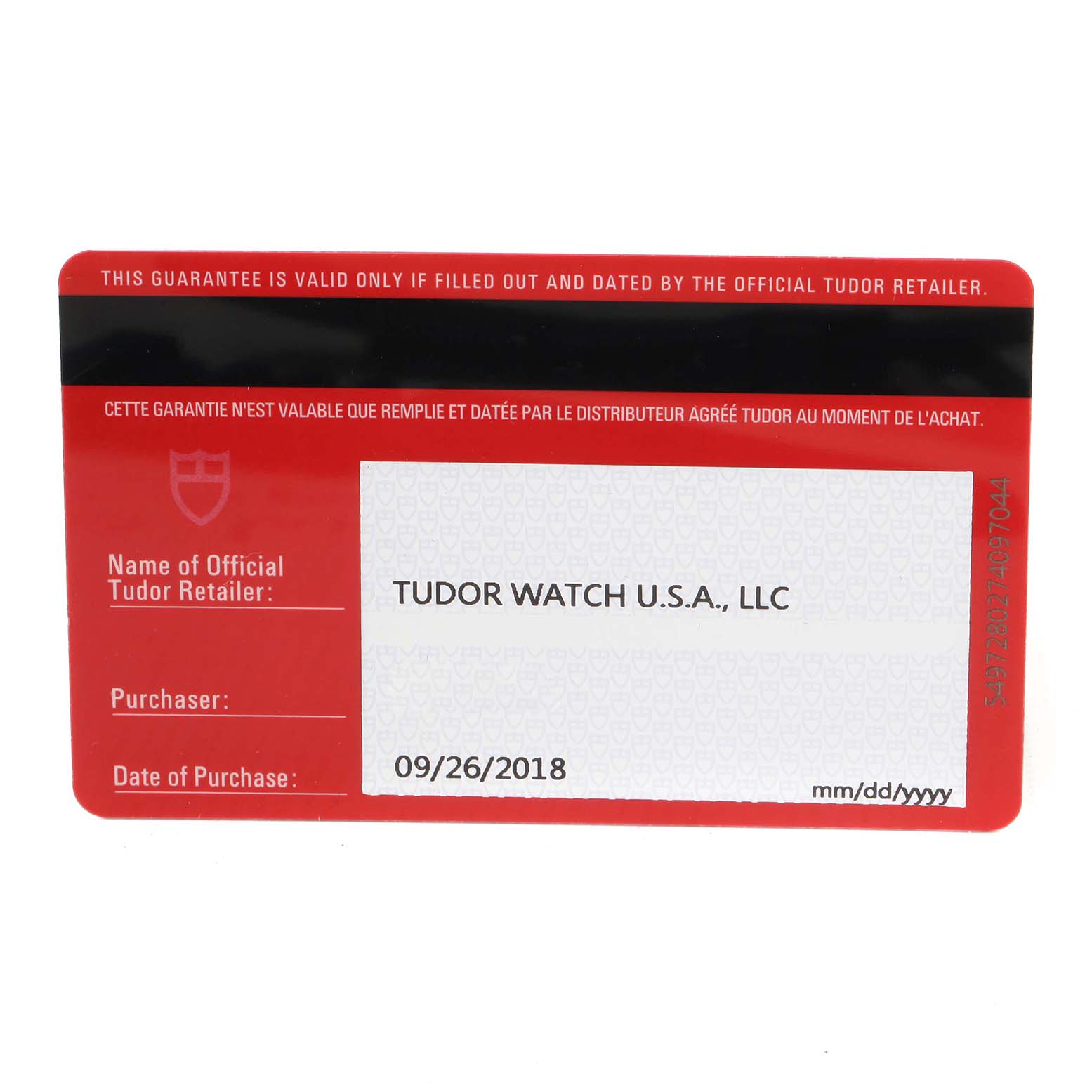 This is a warranty card for the Tudor Pelagos 25600TV Men
s Titanium Blue Dial 25600TV Men
s Titanium Blue Dial model, containing retailer and purchase details.