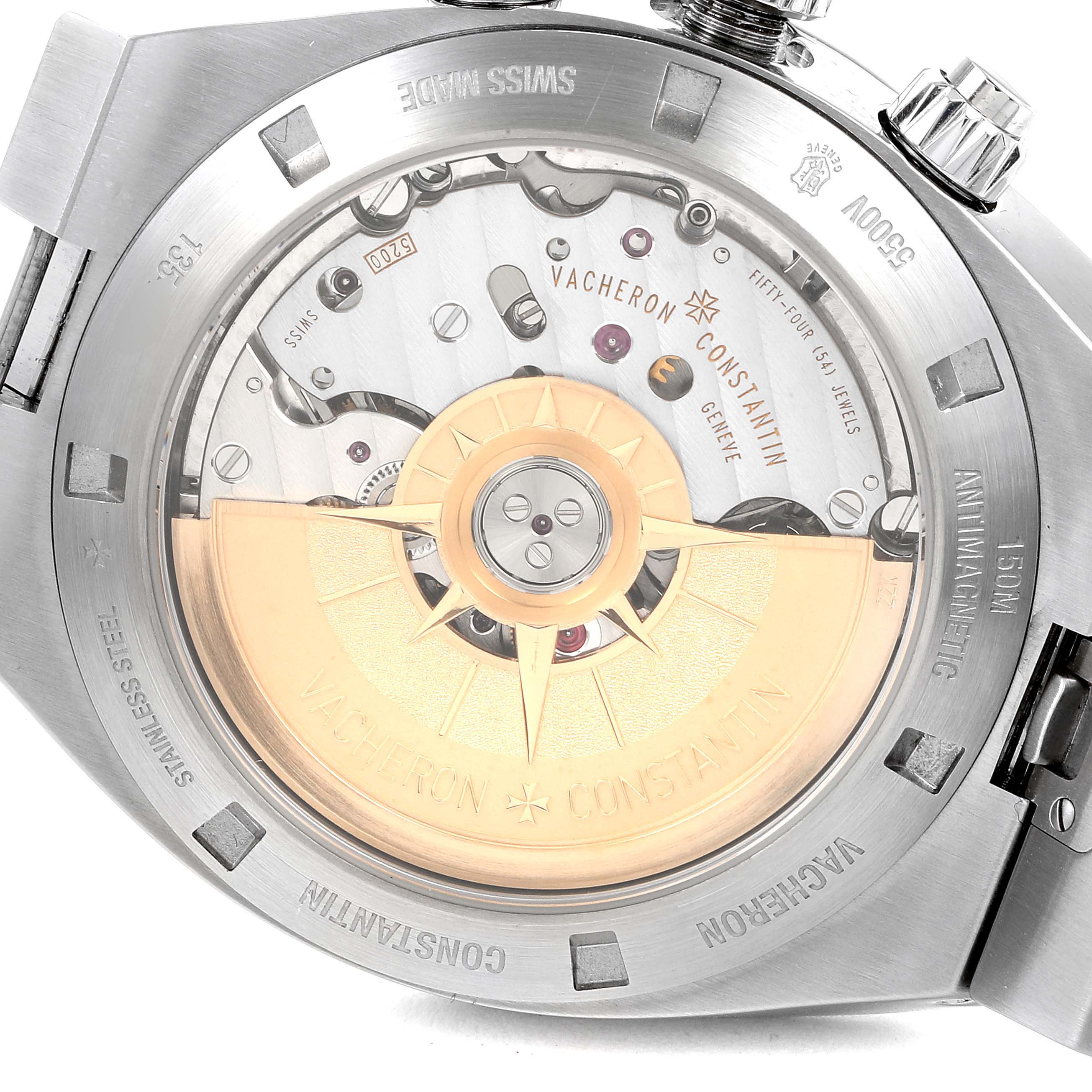 The image shows the caseback of a Vacheron Constantin Overseas 5500V/110A Men's Stainless Steel Silver Dial 5500V/110A Men's Stainless Steel Silver Dial watch, highlighting its automatic movement and rotor.