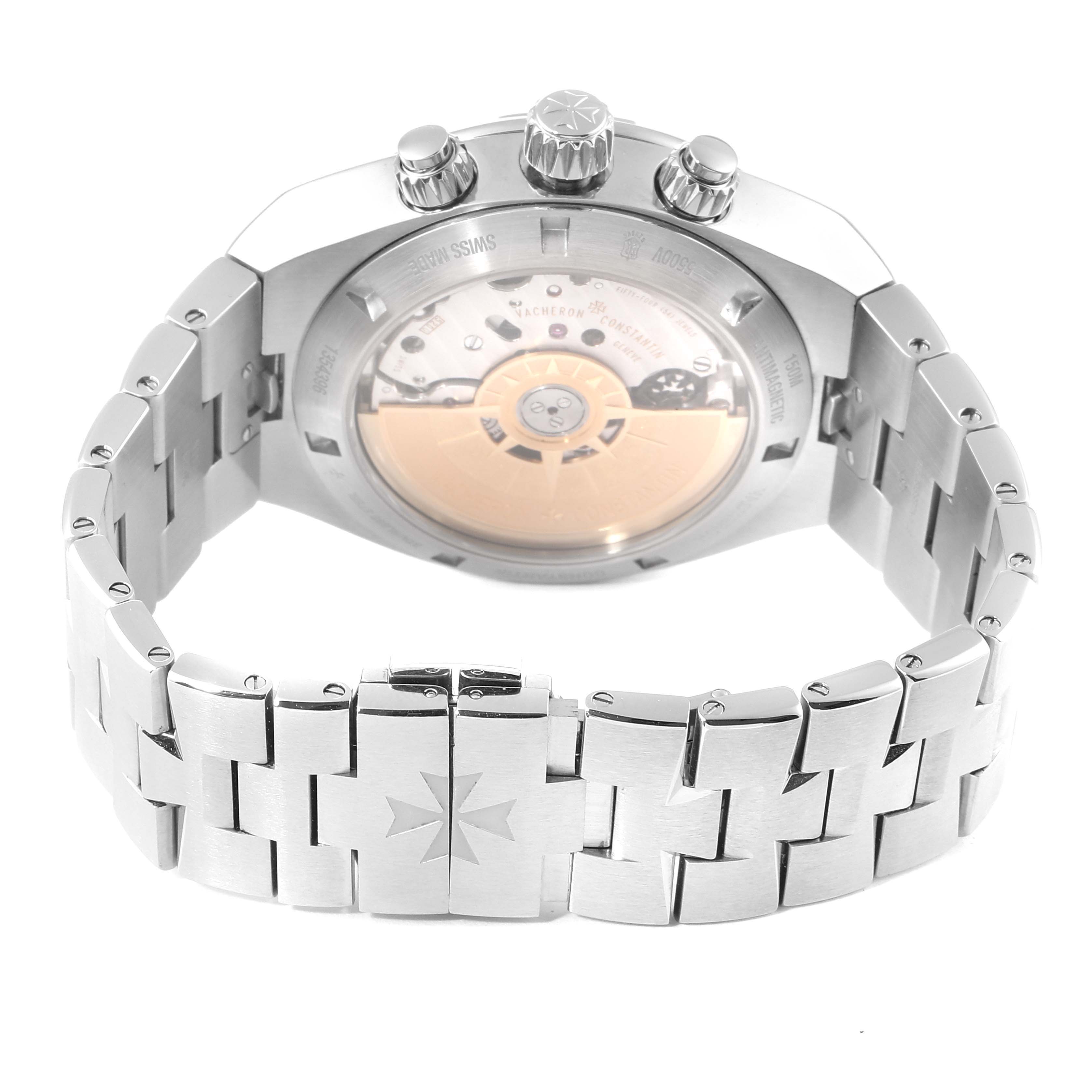 This image shows the back view and bracelet of a Vacheron Constantin Overseas 5500V/110A Men's Stainless Steel Silver Dial 5500V/110A Men's Stainless Steel Silver Dial model watch with visible movement and clasp details.