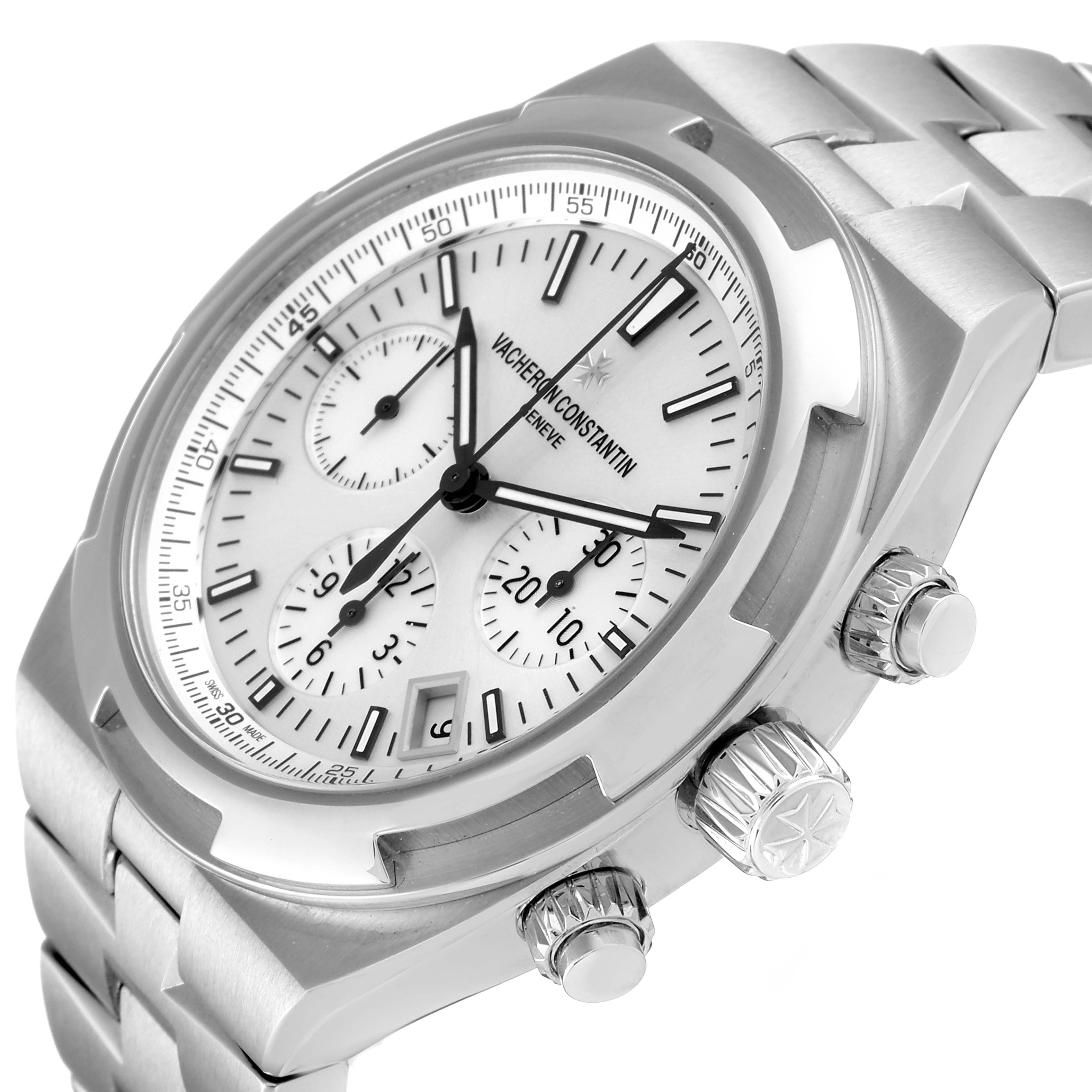 The image shows a close-up angle of the Vacheron Constantin Overseas 5500V/110A Men's Stainless Steel Silver Dial 5500V/110A Men's Stainless Steel Silver Dial model watch, displaying its face, crown, and chronograph pushers.