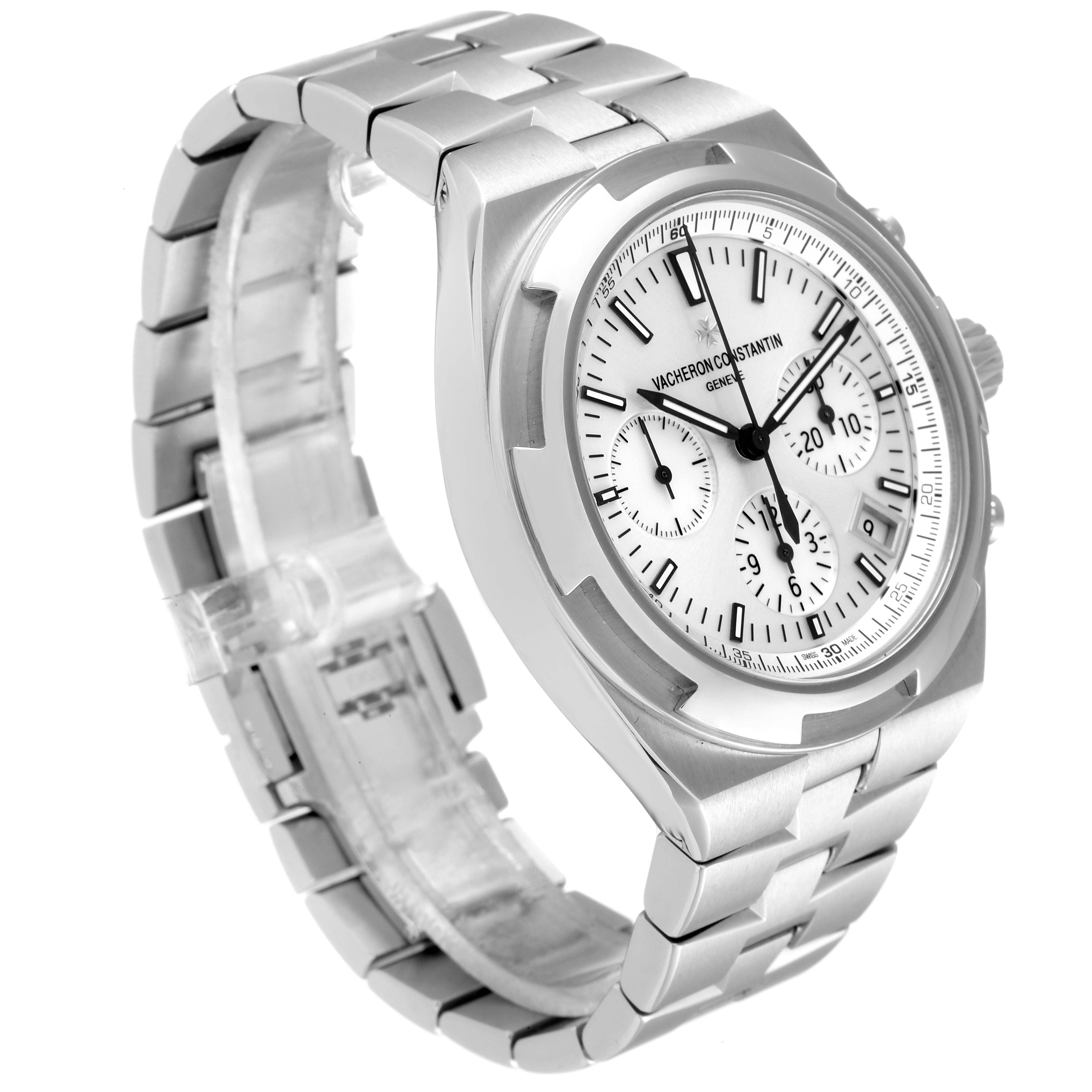 The image shows a side angle of the Vacheron Constantin Overseas 5500V/110A Men's Stainless Steel Silver Dial 5500V/110A Men's Stainless Steel Silver Dial model watch, highlighting its face, bezel, and metal bracelet.