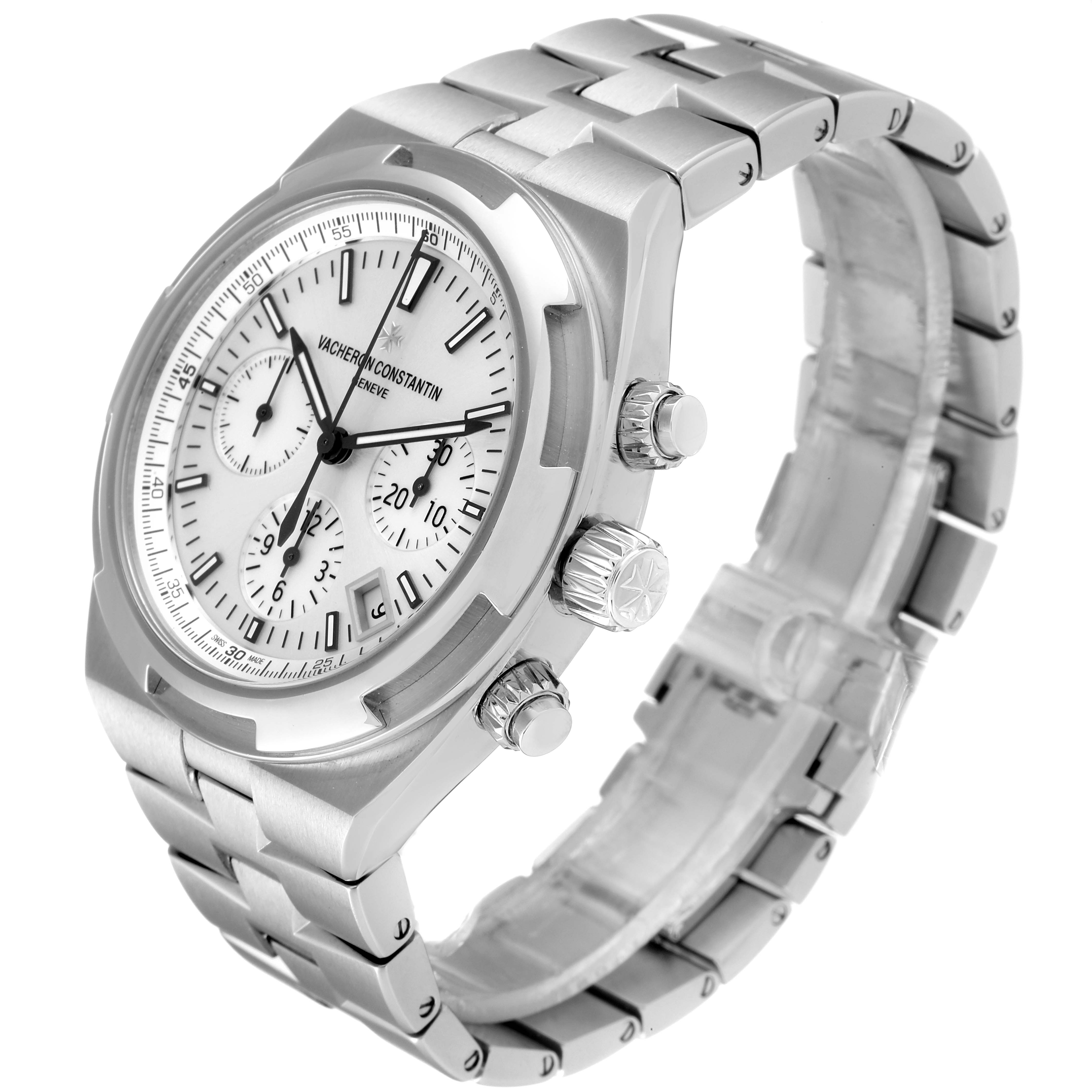 The image shows a side view of the Vacheron Constantin Overseas 5500V/110A Men's Stainless Steel Silver Dial 5500V/110A Men's Stainless Steel Silver Dial watch, highlighting its dial, crown, and bracelet.
