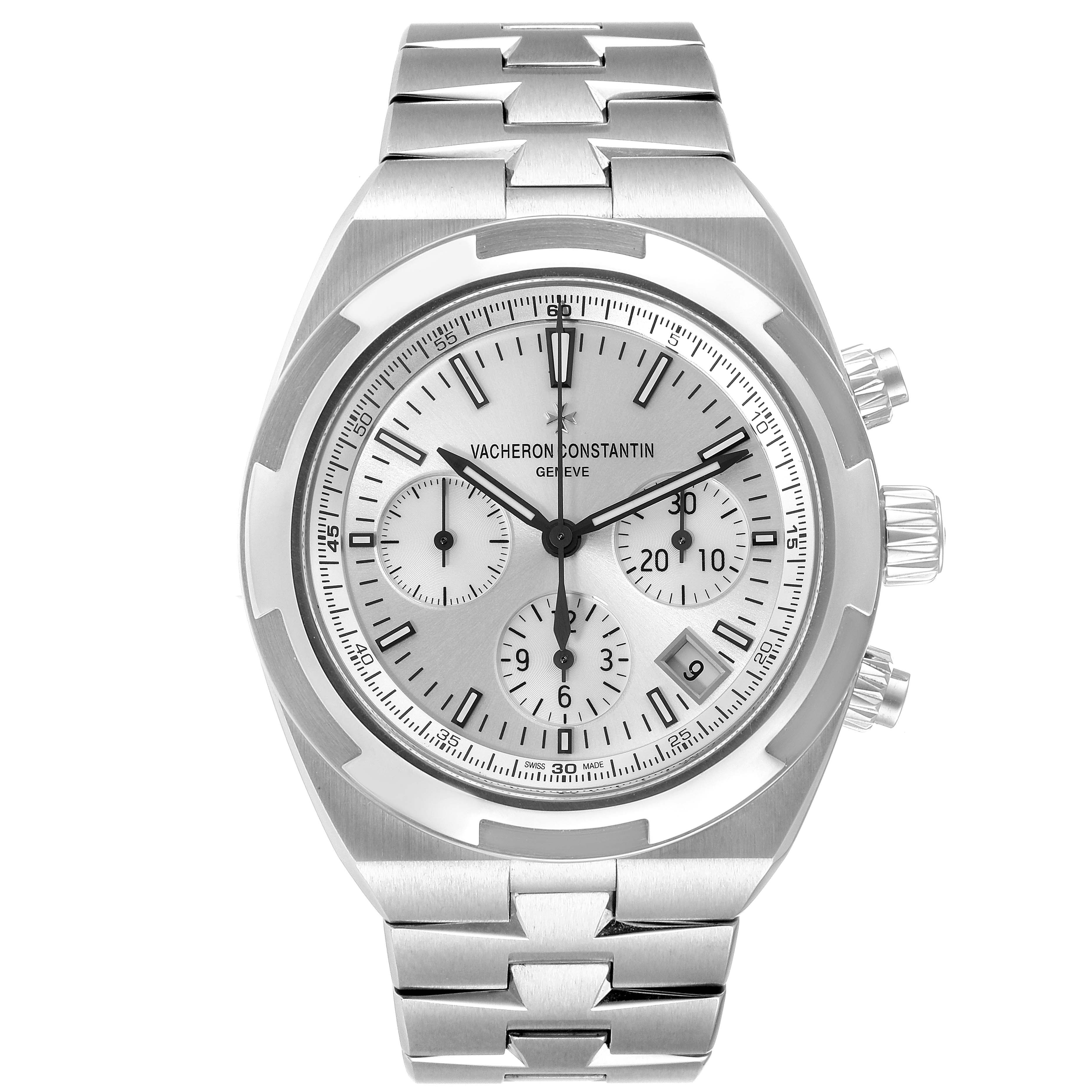 The image shows a front view of a Vacheron Constantin Overseas 5500V/110A Men's Stainless Steel Silver Dial 5500V/110A Men's Stainless Steel Silver Dial watch, highlighting the dial, subdials, case, and metal bracelet.