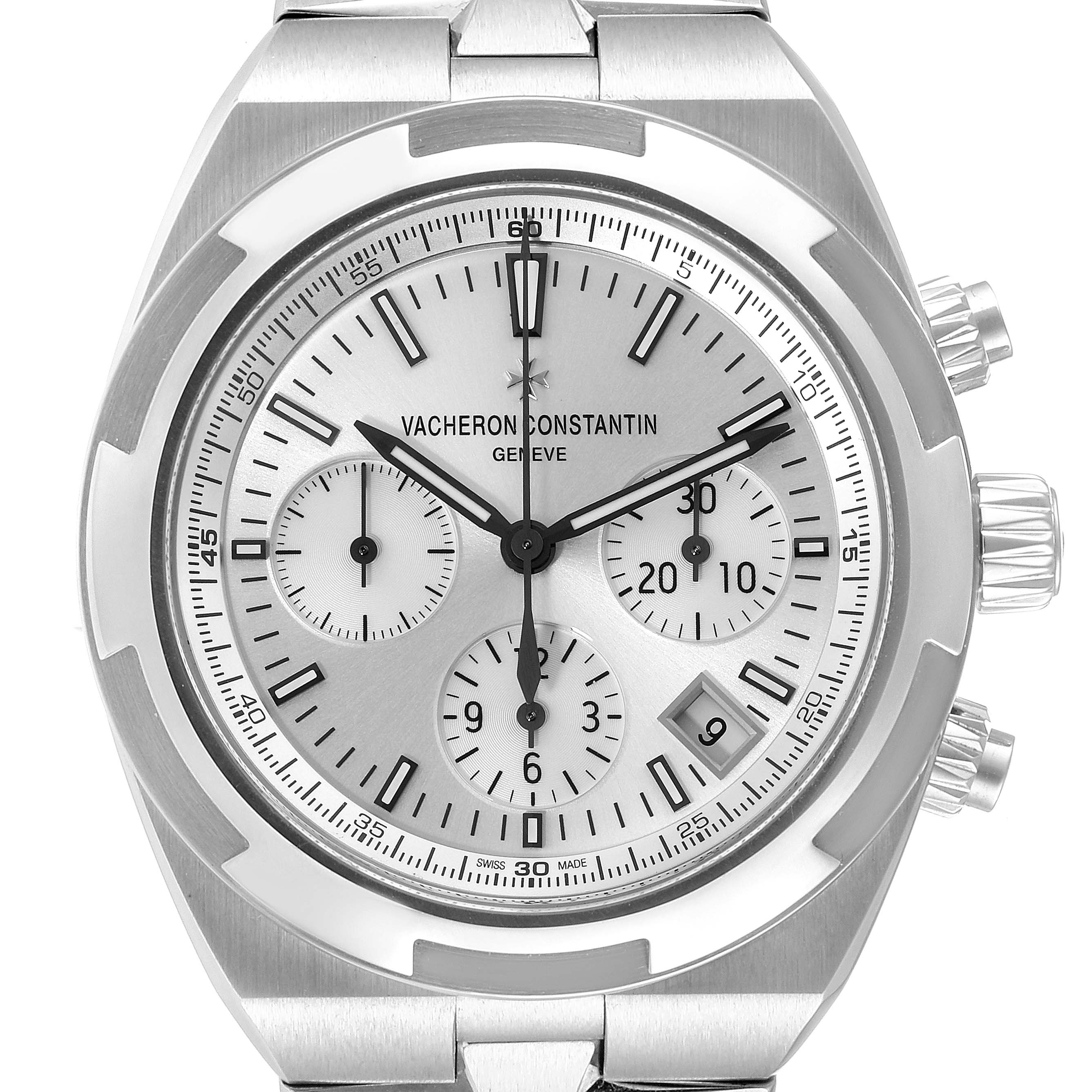 The image shows a front view of the Vacheron Constantin Overseas 5500V/110A Men's Stainless Steel Silver Dial 5500V/110A Men's Stainless Steel Silver Dial watch, highlighting the dial, hands, subdials, and crown.