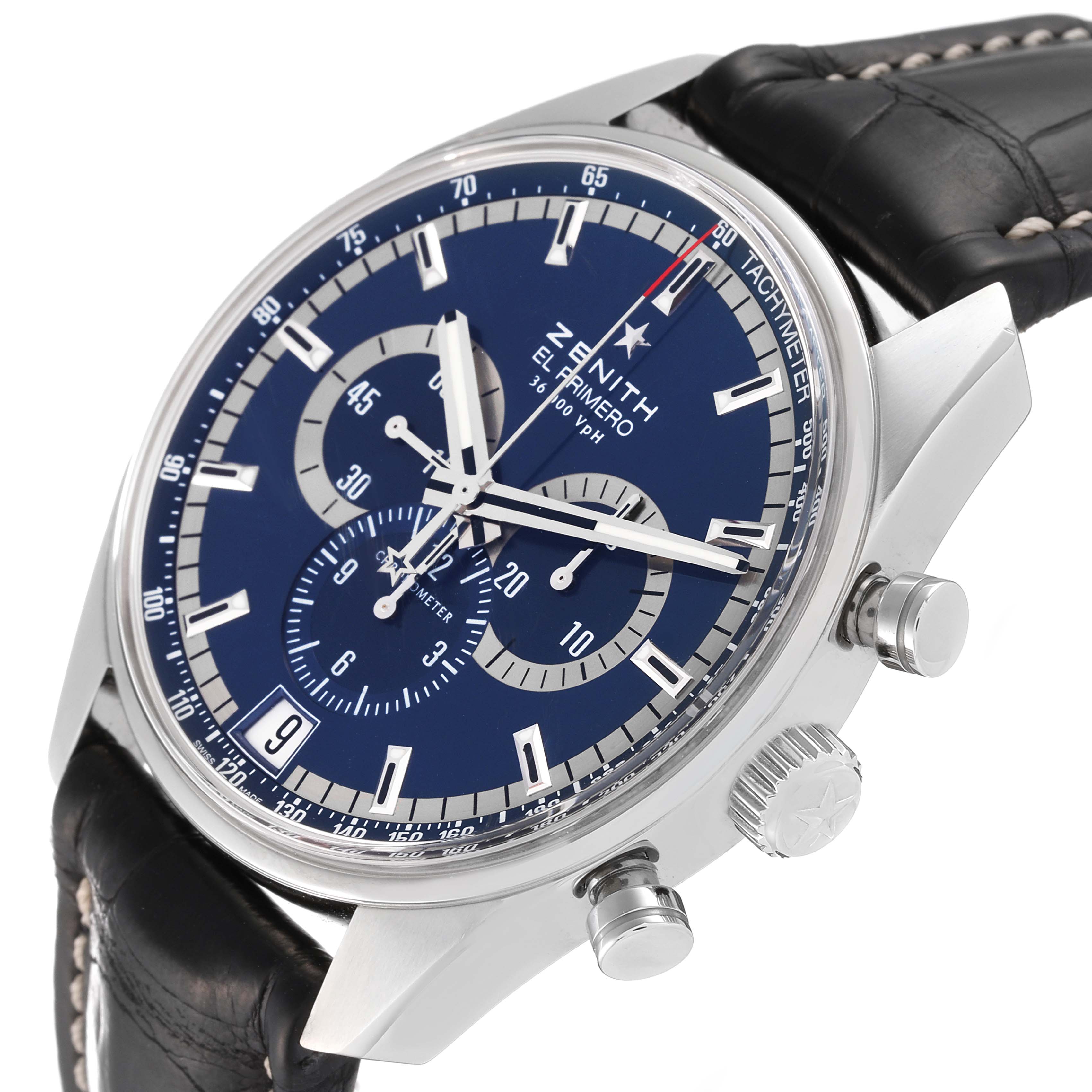 The Zenith El Primero 03.2041.400/51.C496 Men's Stainless Steel Blue Dial 03.2041.400/51.C496 Men's Stainless Steel Blue Dial watch is shown at a three-quarter angle, displaying its face, crown, chronograph buttons, and part of its leather strap.