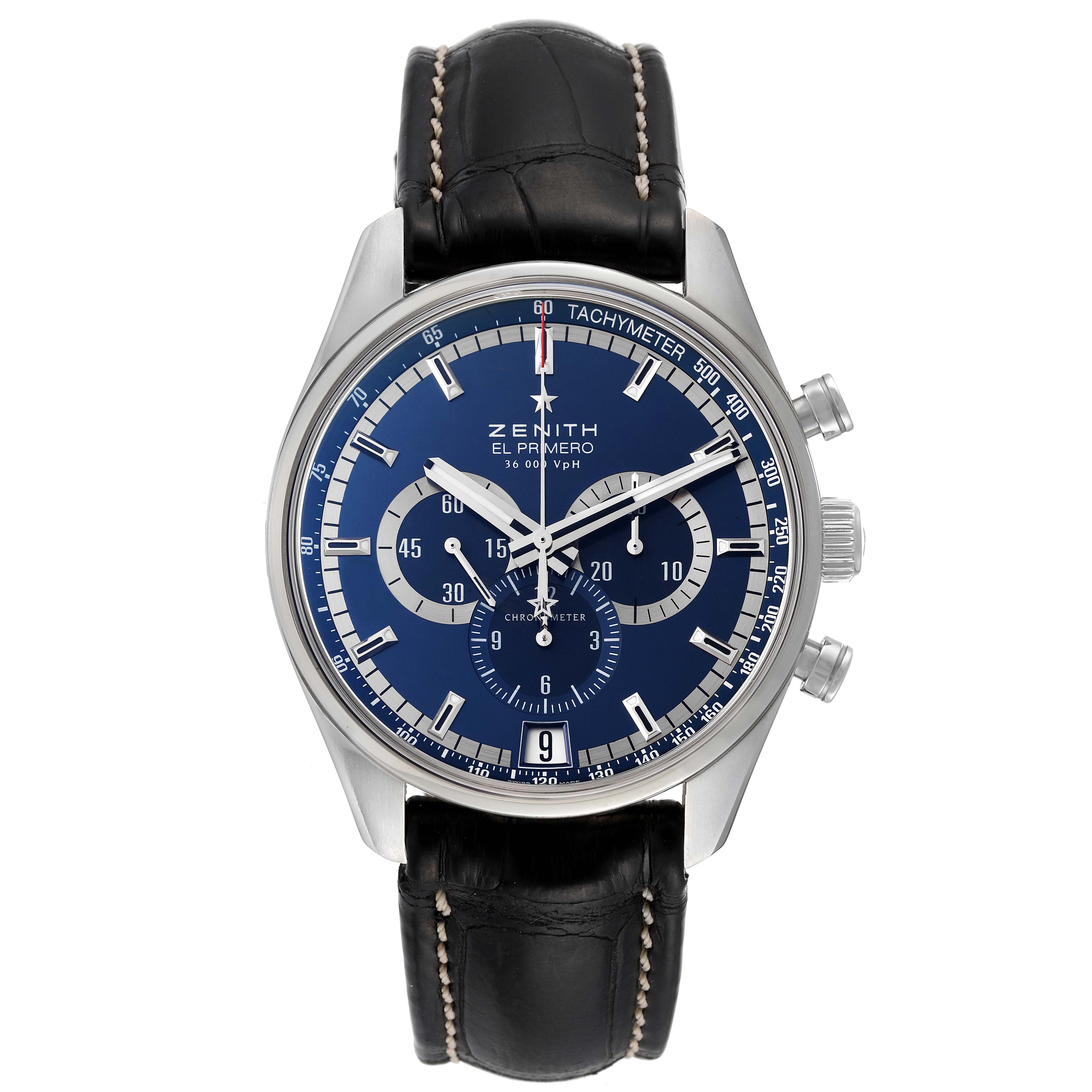 The image shows a full frontal view of the Zenith El Primero 03.2041.400/51.C496 Men's Stainless Steel Blue Dial 03.2041.400/51.C496 Men's Stainless Steel Blue Dial watch, highlighting its face, chronographs, and leather strap.