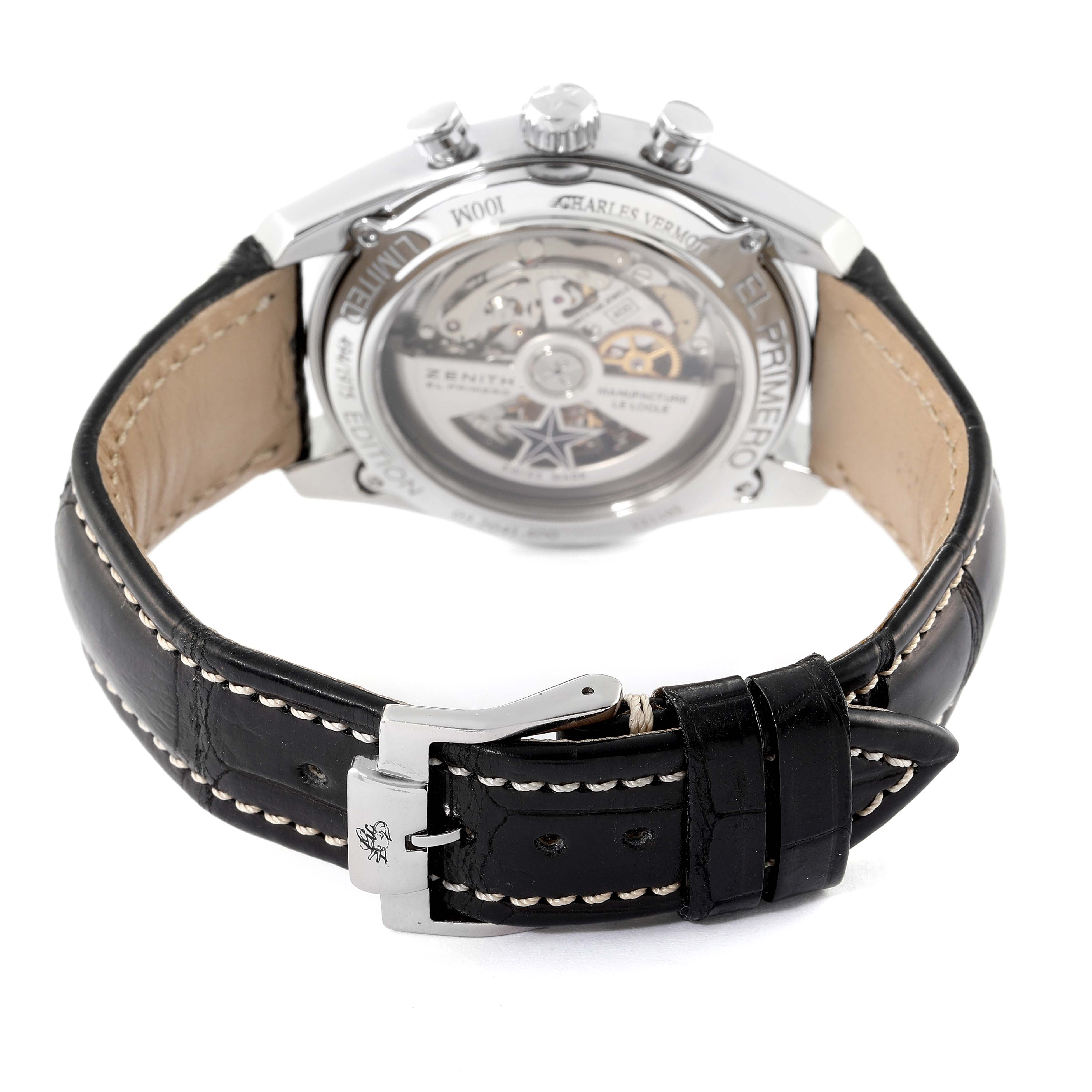 This image shows the back view of the Zenith El Primero 03.2041.400/51.C496 Men's Stainless Steel Blue Dial 03.2041.400/51.C496 Men's Stainless Steel Blue Dial watch, highlighting its leather strap and transparent case back.