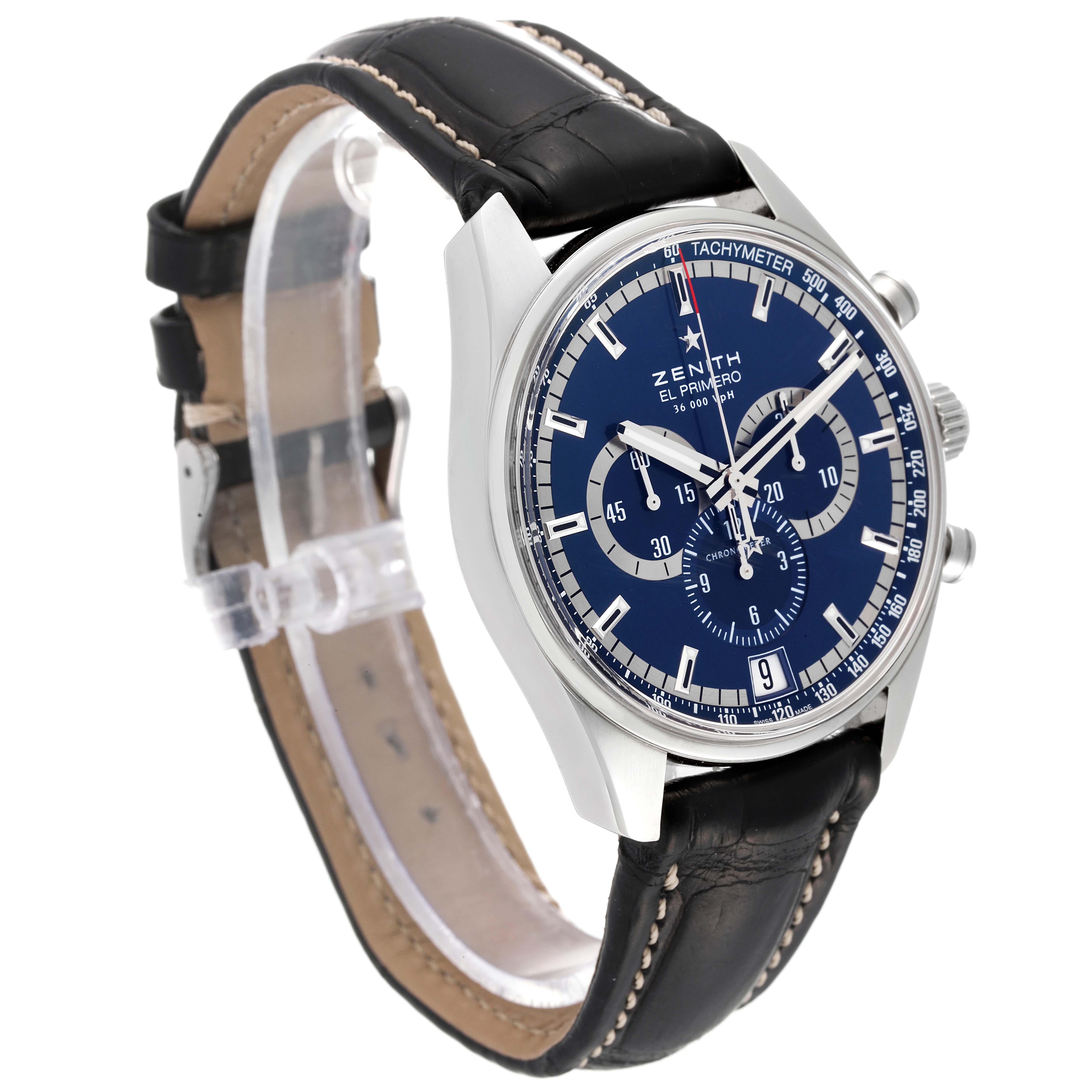 The Zenith El Primero 03.2041.400/51.C496 Men's Stainless Steel Blue Dial 03.2041.400/51.C496 Men's Stainless Steel Blue Dial watch is displayed at a slight angle, showing the face, strap, and crown.