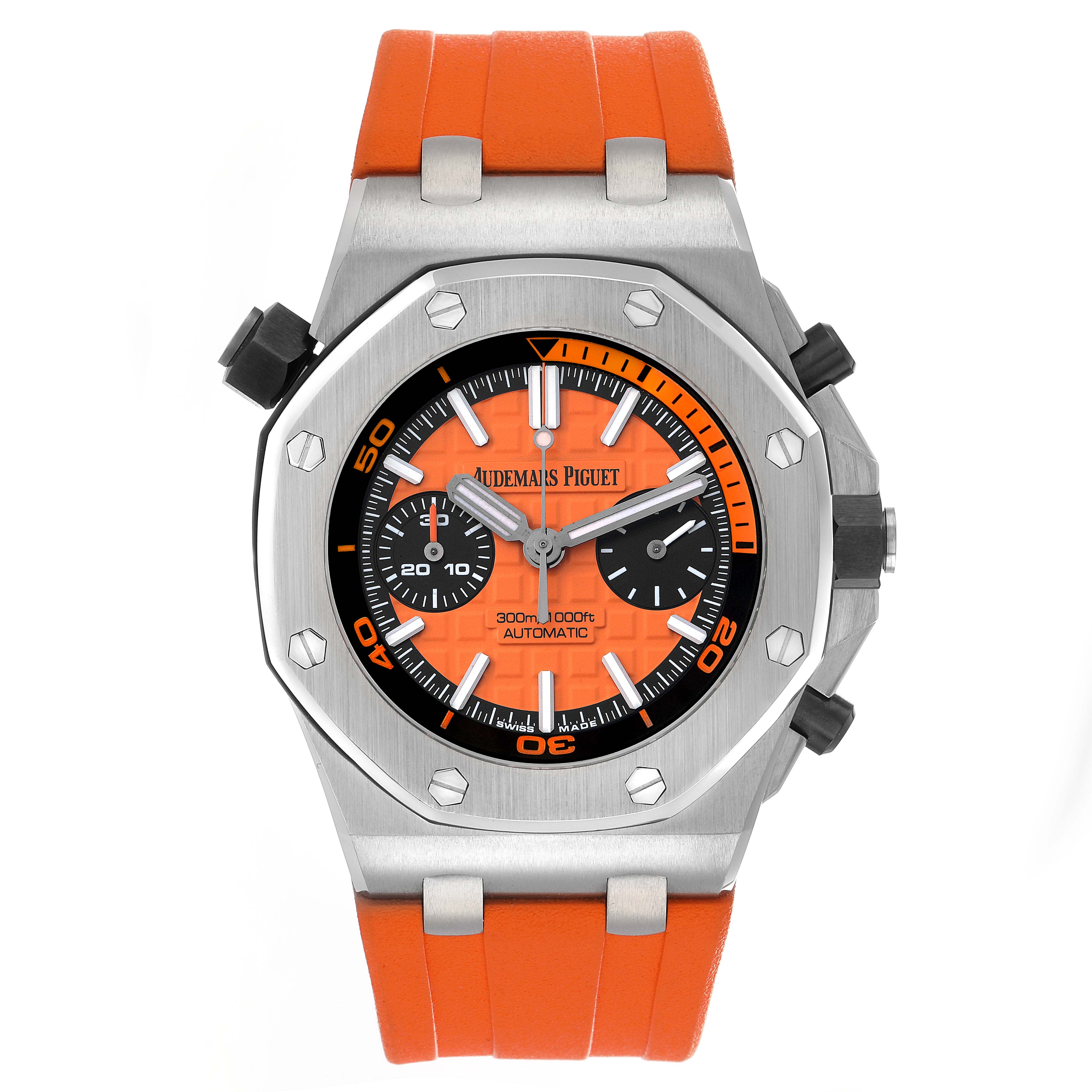 The Audemars Piguet Royal Oak Offshore 26703ST Men
s Stainless Steel Orange Dial watch is shown from the front, highlighting its orange dial, bezel, and rubber strap.