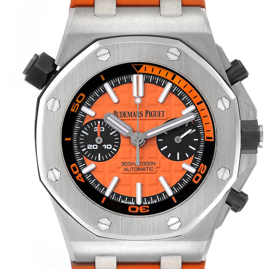 The Audemars Piguet Royal Oak Offshore 26703ST Men's Stainless Steel Orange Dial watch is shown from the front, featuring its distinctive orange dial and octagonal bezel.
