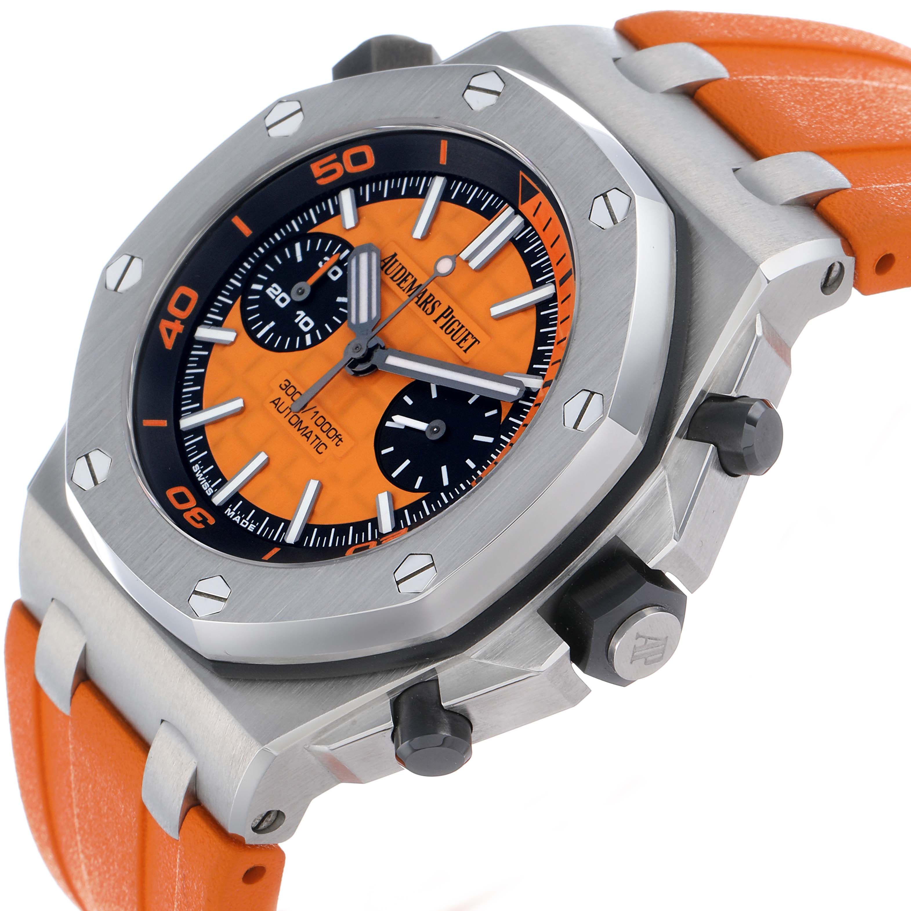 The image shows a Royal Oak Offshore by Audemars Piguet at an angle highlighting the octagonal bezel, orange dial, and strap.