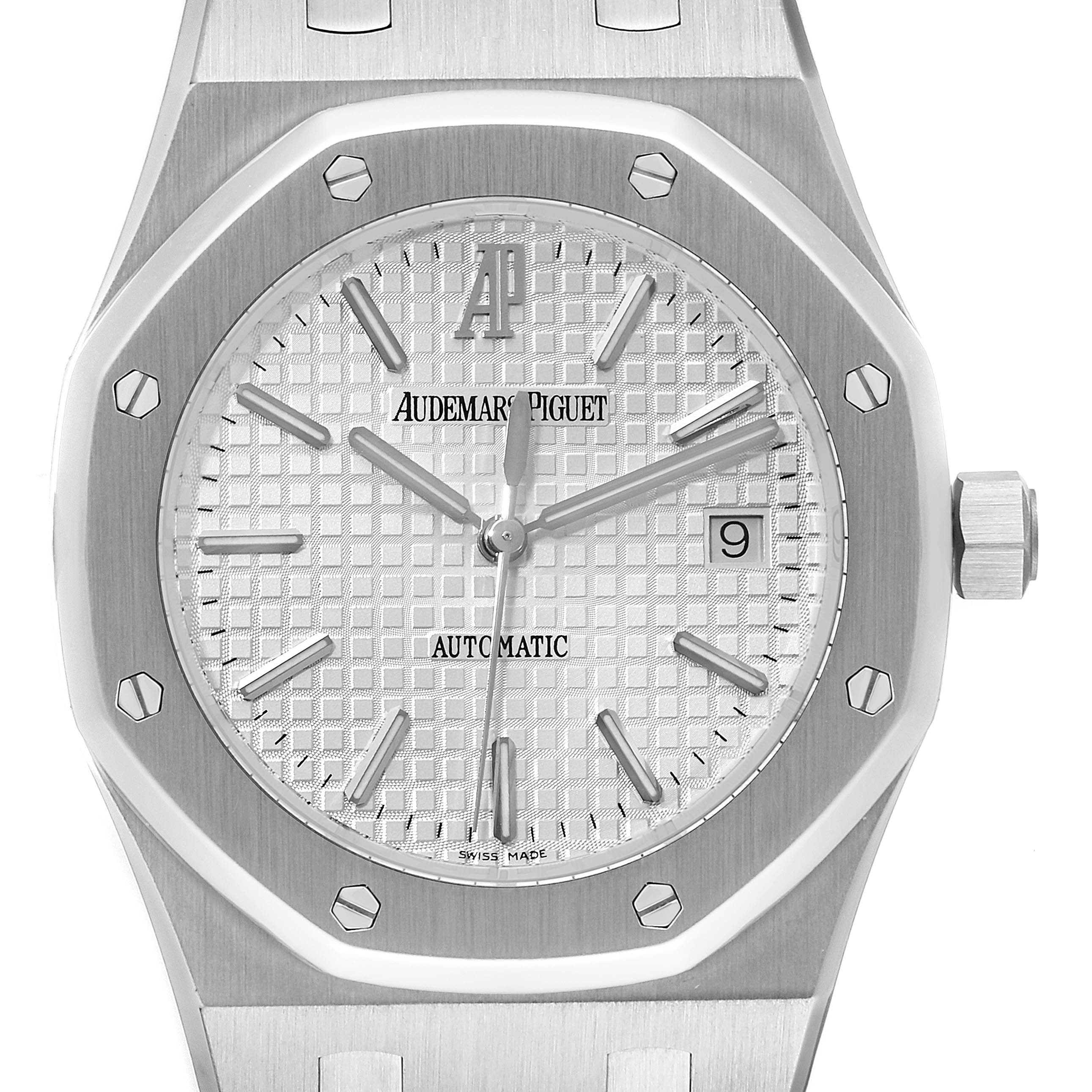 The image shows a front view of the Audemars Piguet Royal Oak 15300ST Men
s Stainless Steel White Dial 15300ST Men
s Stainless Steel White Dial watch, highlighting the dial, bezel, and crown.