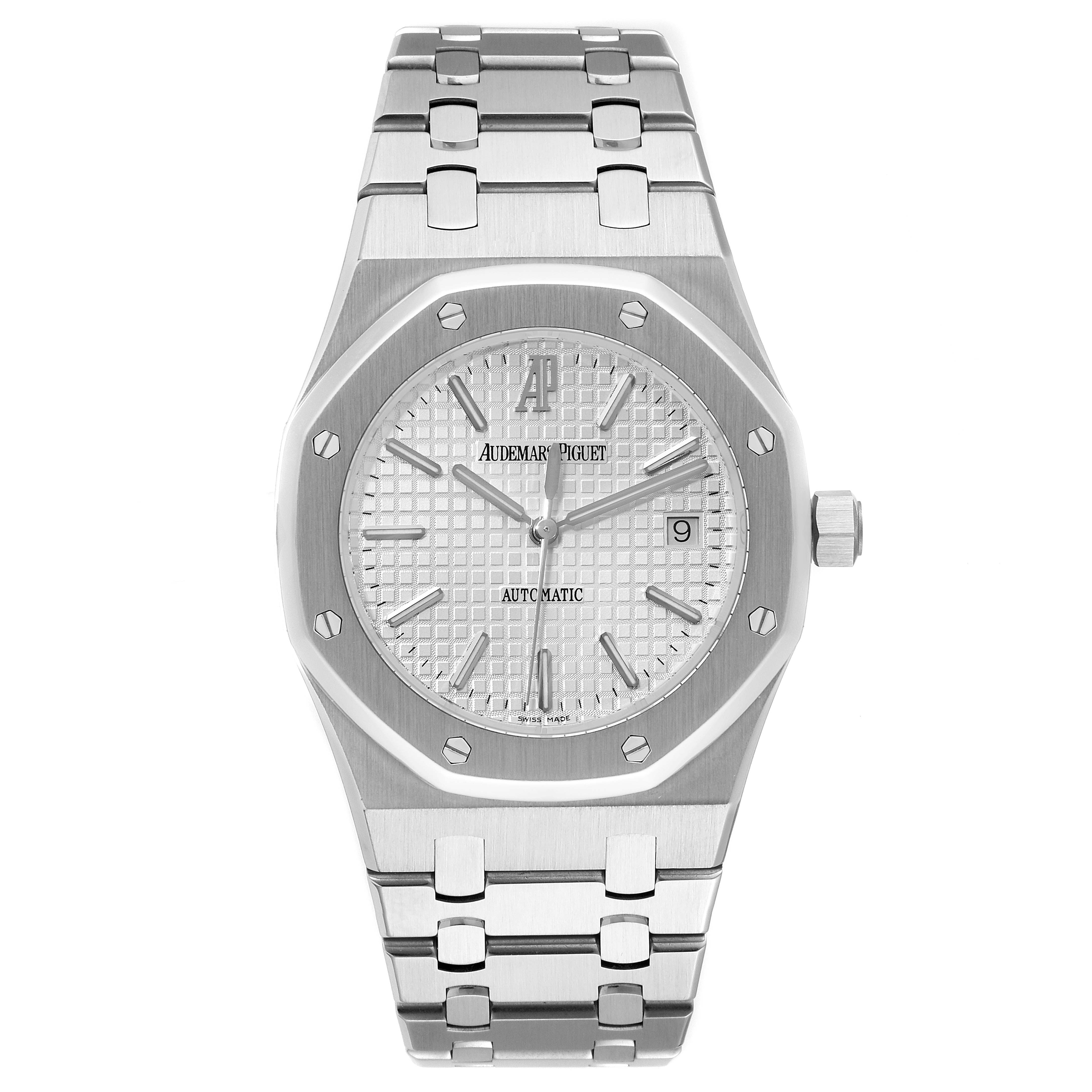 The image shows a front view of the Audemars Piguet Royal Oak 15300ST Men
s Stainless Steel White Dial 15300ST Men
s Stainless Steel White Dial watch, highlighting the dial, bezel, crown, and bracelet.