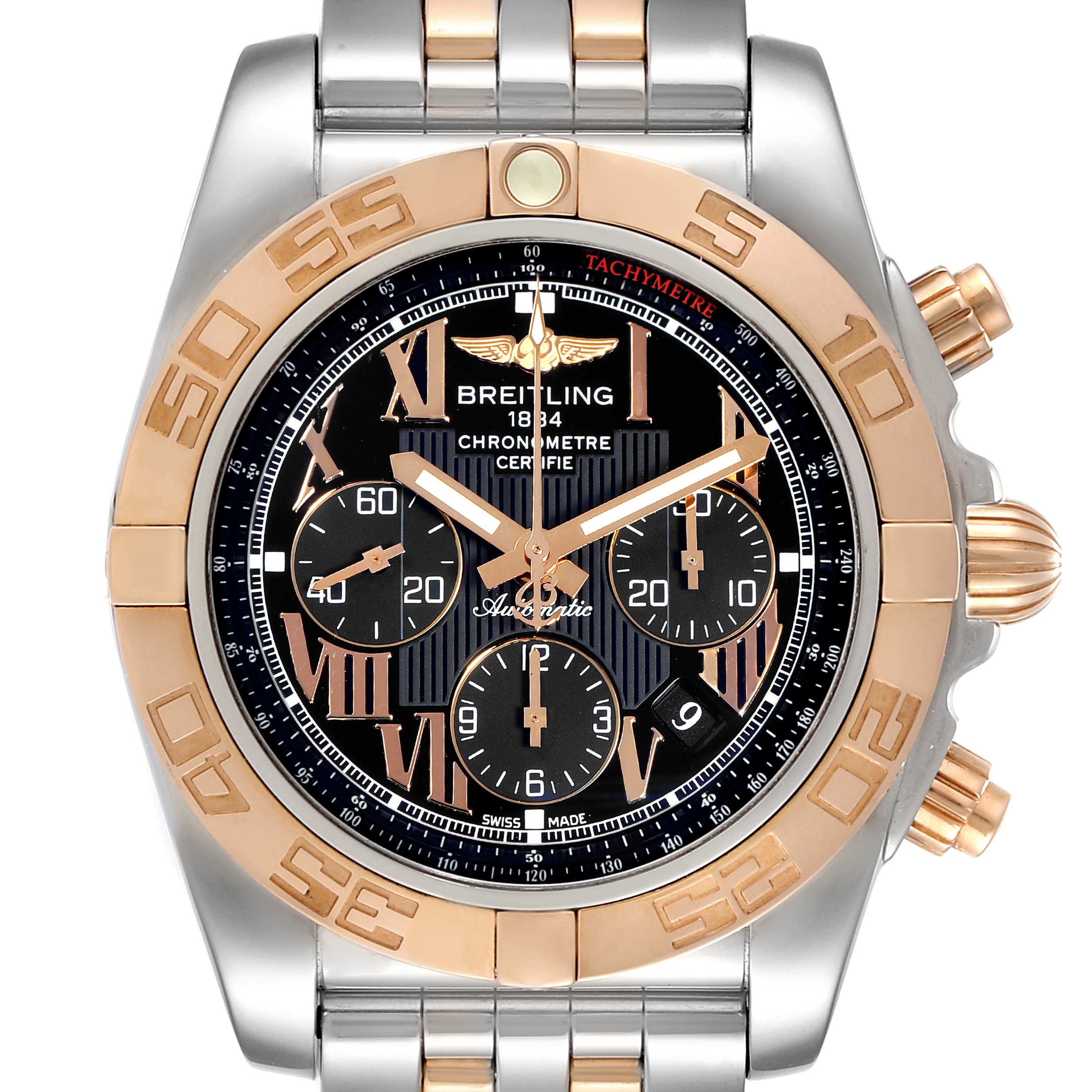 The image shows a front view of a Breitling Chronomat CB011012 Men's Steel and Gold (two tone) Black Dial CB011012 Men's Steel and Gold (two tone) Black Dial watch, highlighting its gold and silver bezel, chronograph dials, and tachymeter scale.