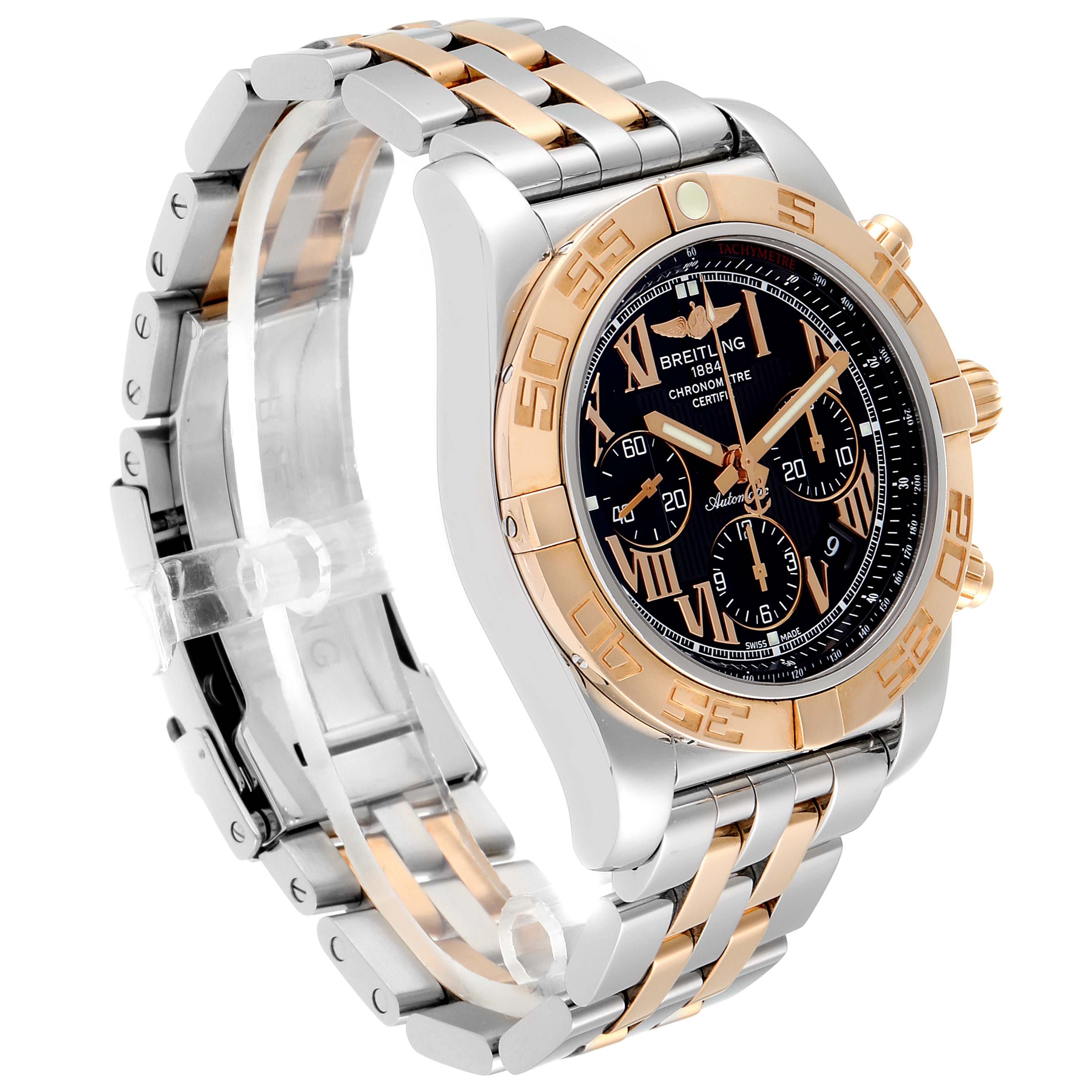 This image shows a side angle of a Breitling Chronomat CB011012 Men's Steel and Gold (two tone) Black Dial CB011012 Men's Steel and Gold (two tone) Black Dial watch, showcasing its gold bezel, dial, and two-tone metal bracelet.