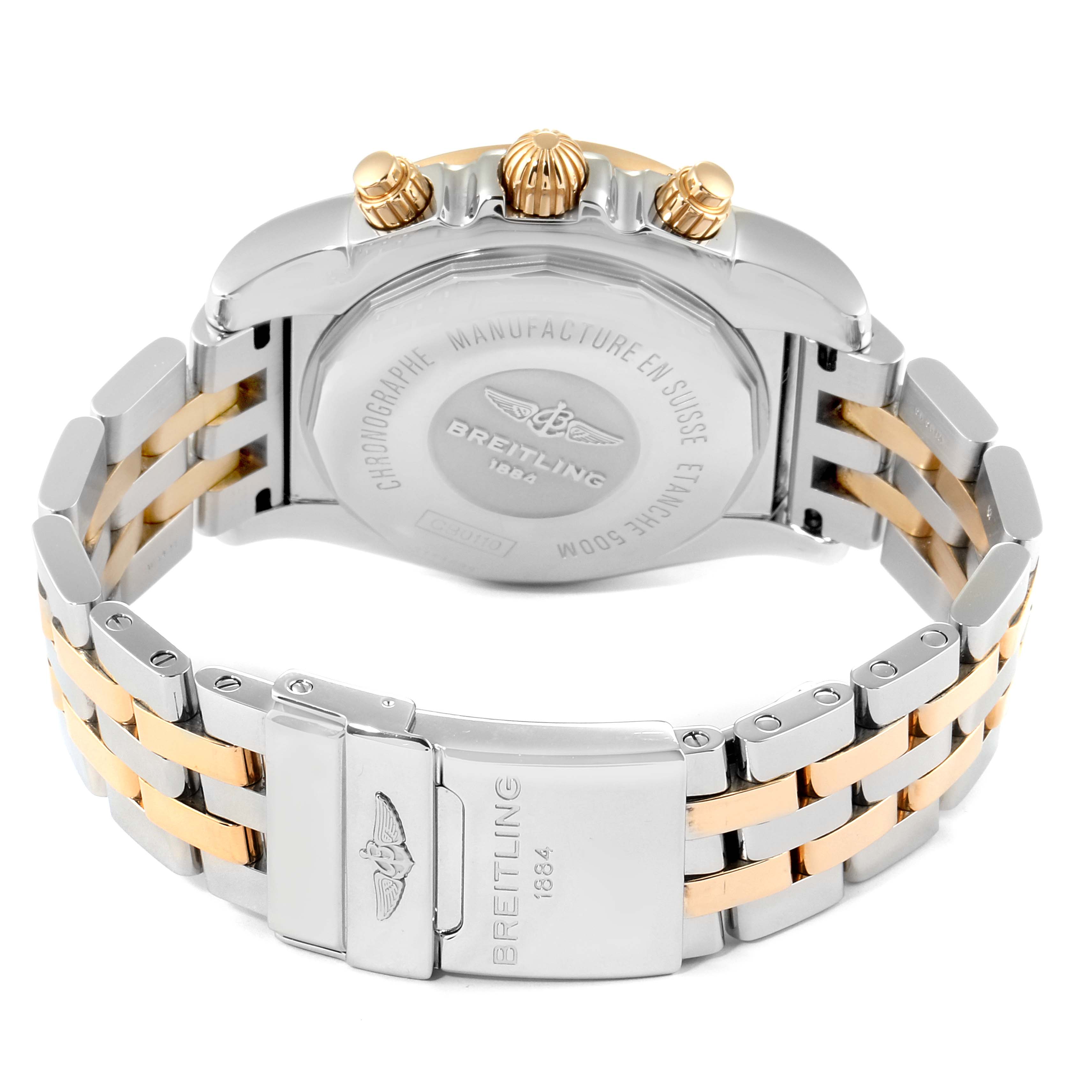 The image shows the back case and bracelet of the Breitling Chronomat CB011012 Men's Steel and Gold (two tone) Black Dial CB011012 Men's Steel and Gold (two tone) Black Dial watch.