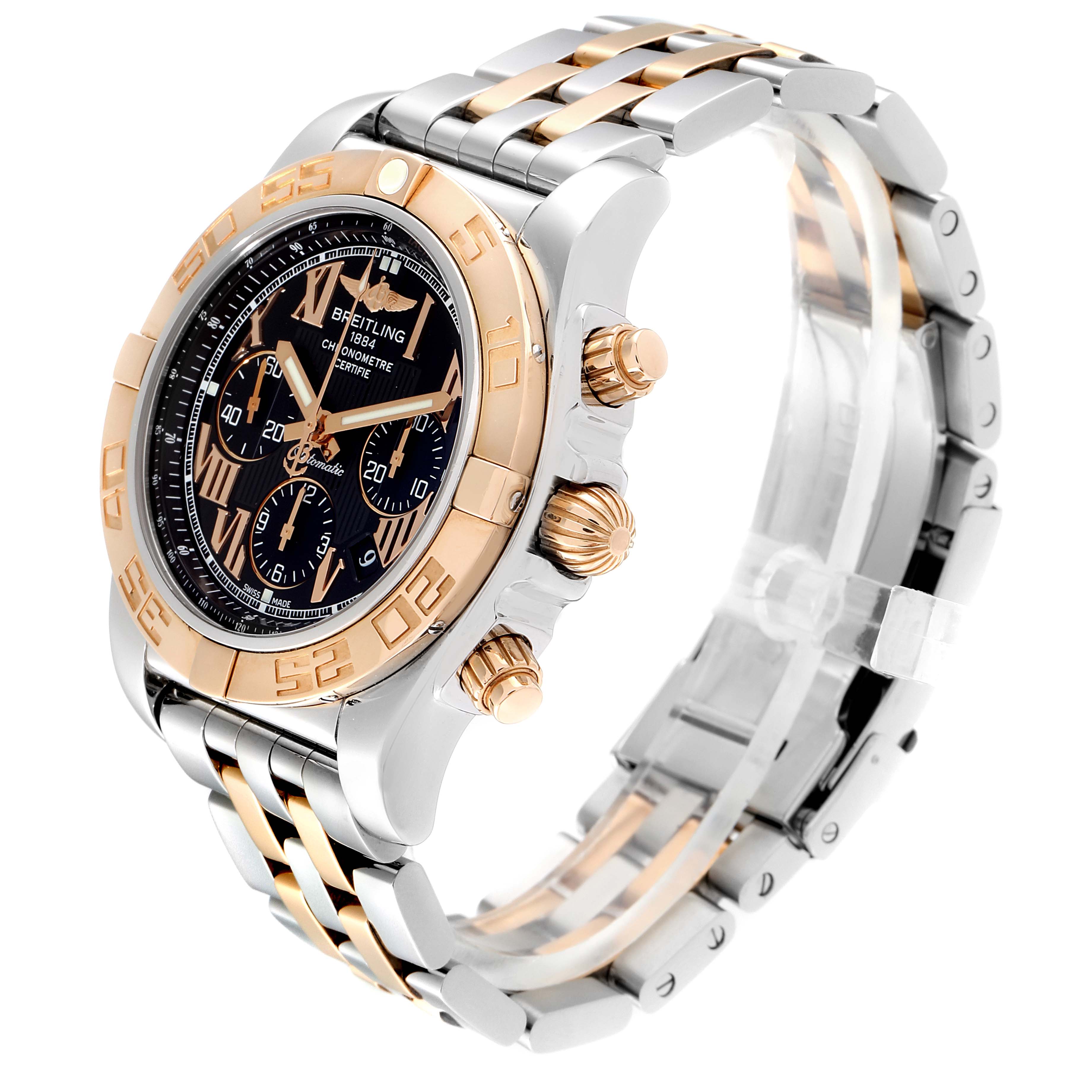 The image shows a side-angled view of the Breitling Chronomat CB011012 Men's Steel and Gold (two tone) Black Dial CB011012 Men's Steel and Gold (two tone) Black Dial watch featuring its face, bezel, pushers, and bracelet.
