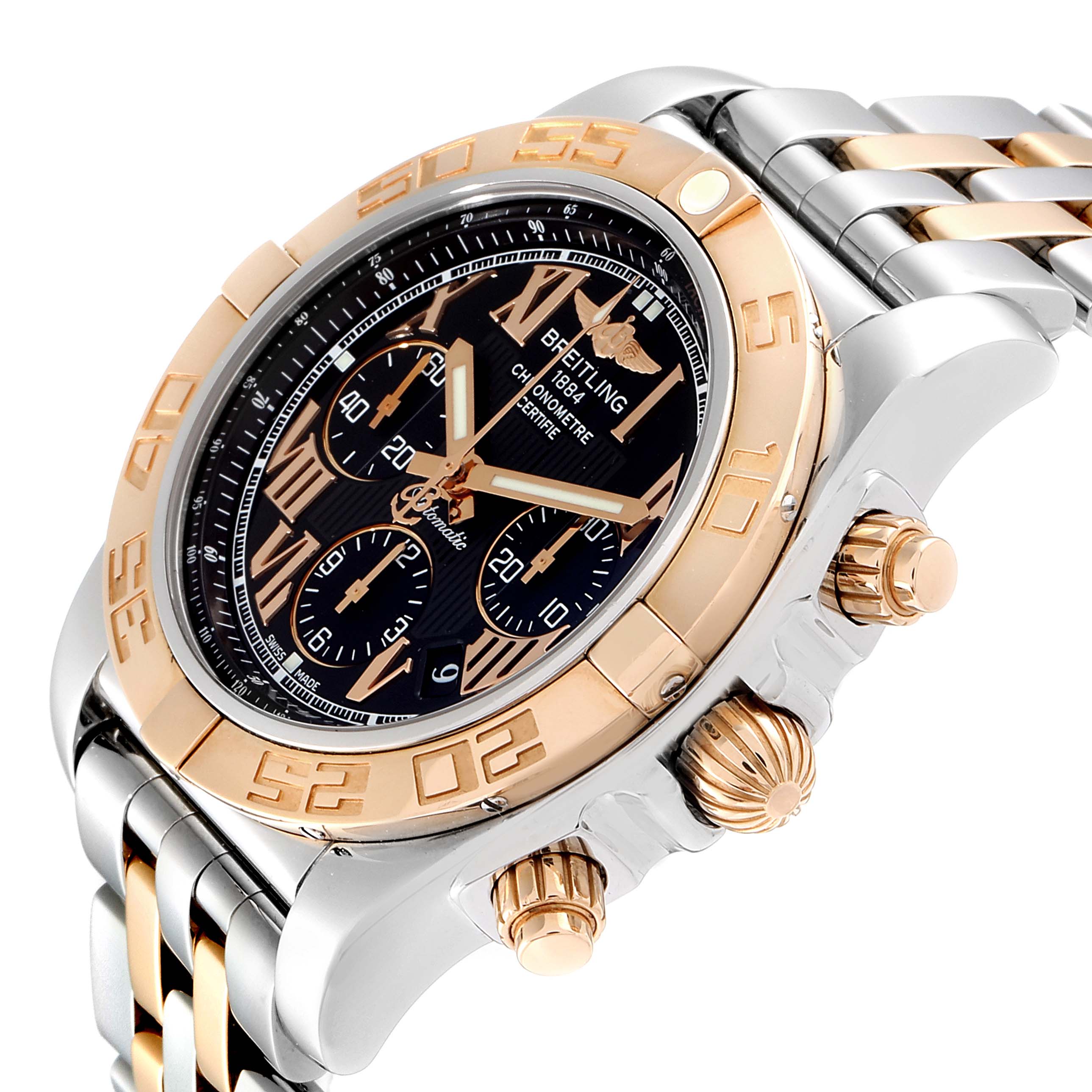 This image displays the face and side of the Breitling Chronomat CB011012 Men's Steel and Gold (two tone) Black Dial CB011012 Men's Steel and Gold (two tone) Black Dial watch, showcasing the bezel, dial, and crown.