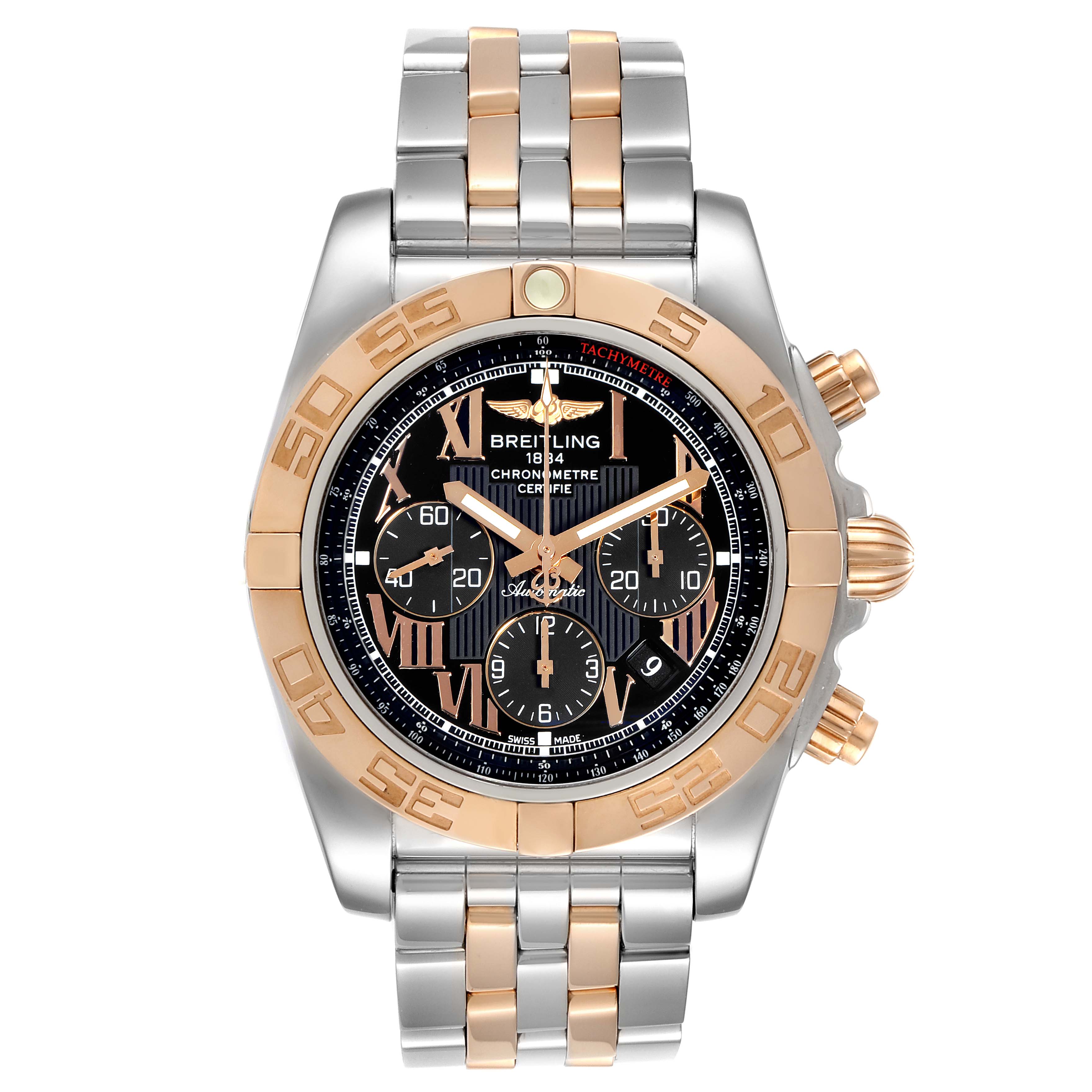 The image shows a front view of a Breitling Chronomat CB011012 Men's Steel and Gold (two tone) Black Dial CB011012 Men's Steel and Gold (two tone) Black Dial watch, displaying the dial, bezel, and stainless steel and gold band.