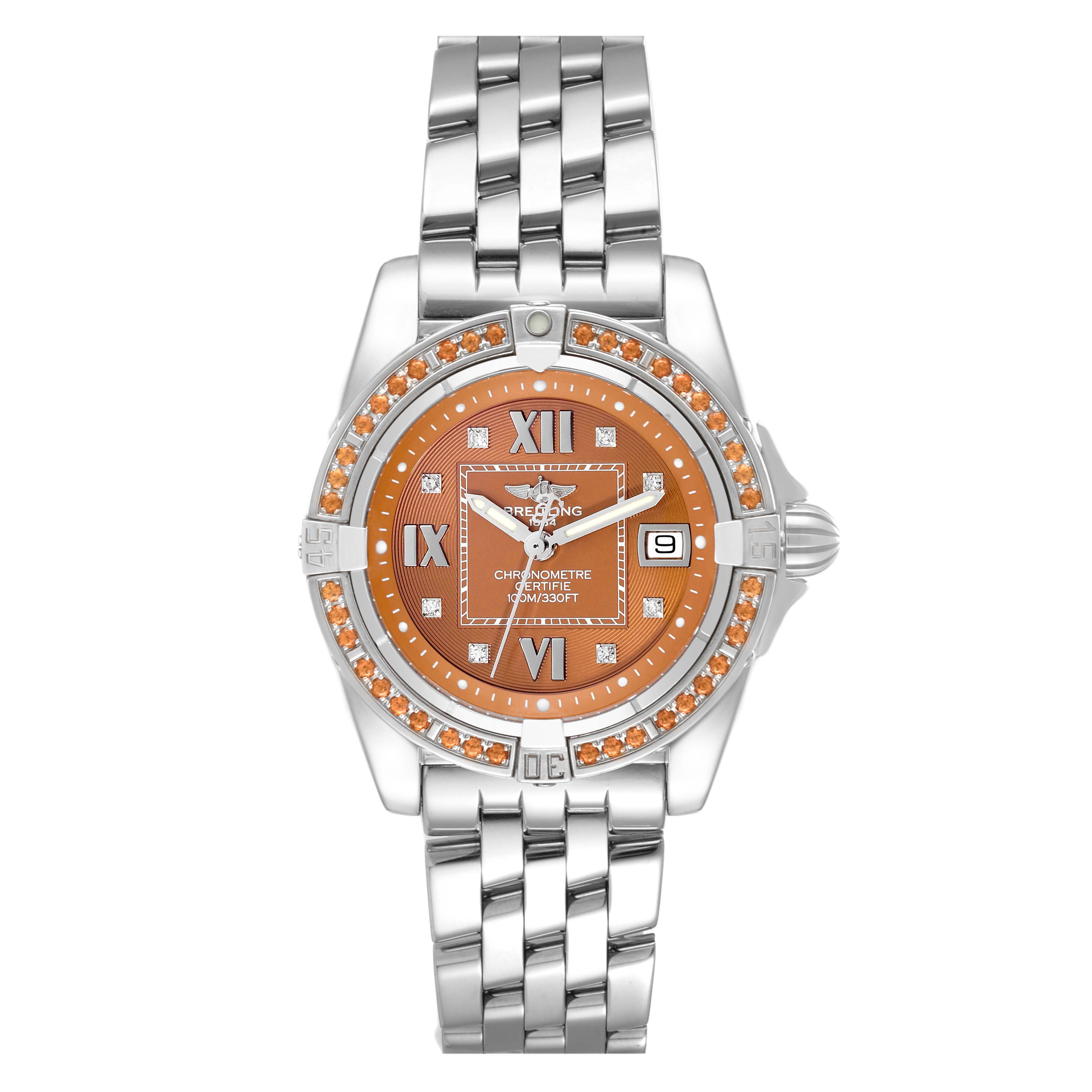 The Breitling A71356 Women's Stainless Steel Brown Dial A71356 Women's Stainless Steel Brown Dial Galactic A71356 model watch is shown from a top-down angle, featuring its bronze dial, diamond bezel, and steel bracelet.