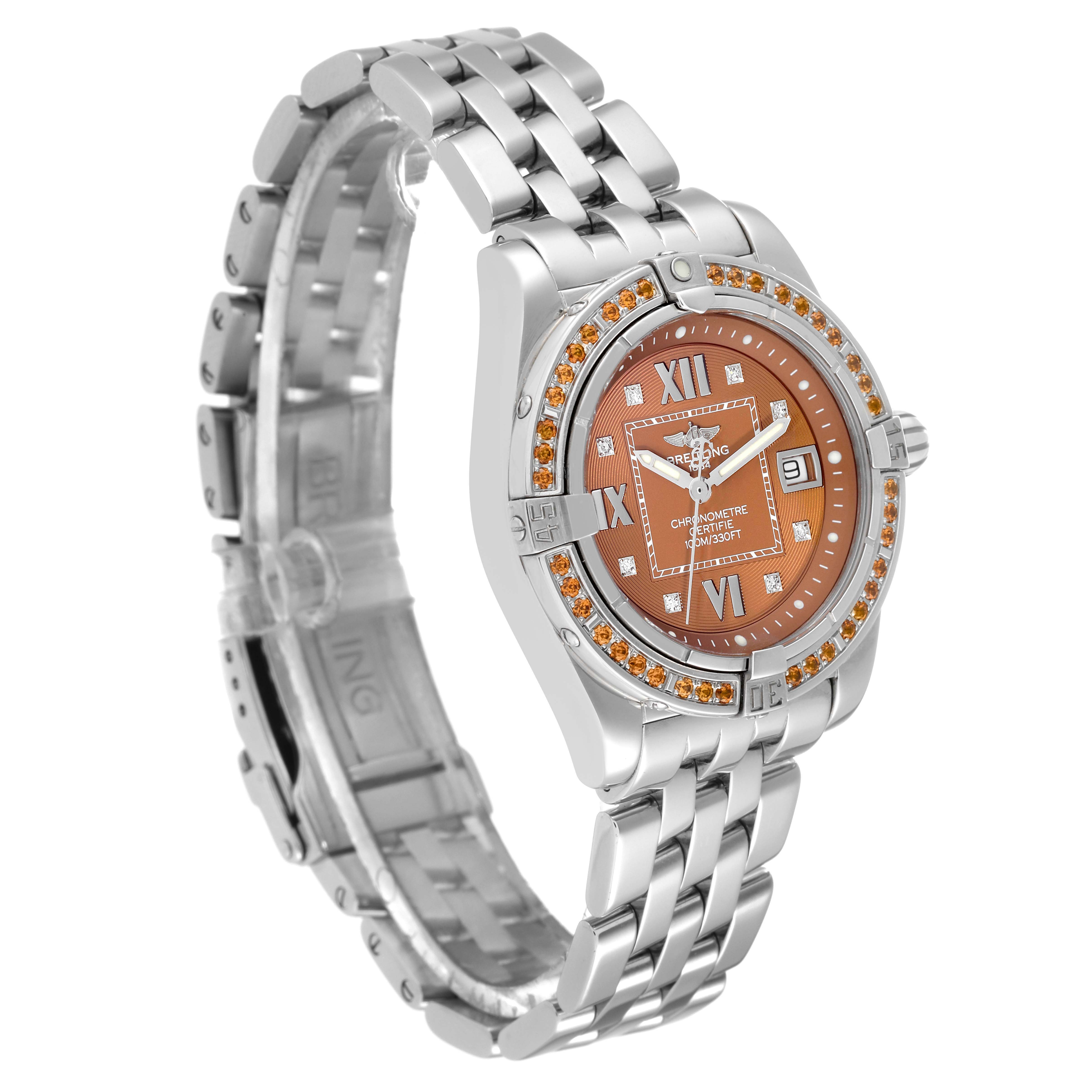 The image shows a Breitling A71356 Women's Stainless Steel Brown Dial A71356 Women's Stainless Steel Brown Dial Galactic A71356 with a bronze dial, diamond bezel, and steel bracelet, viewed at an angle highlighting the dial and band.