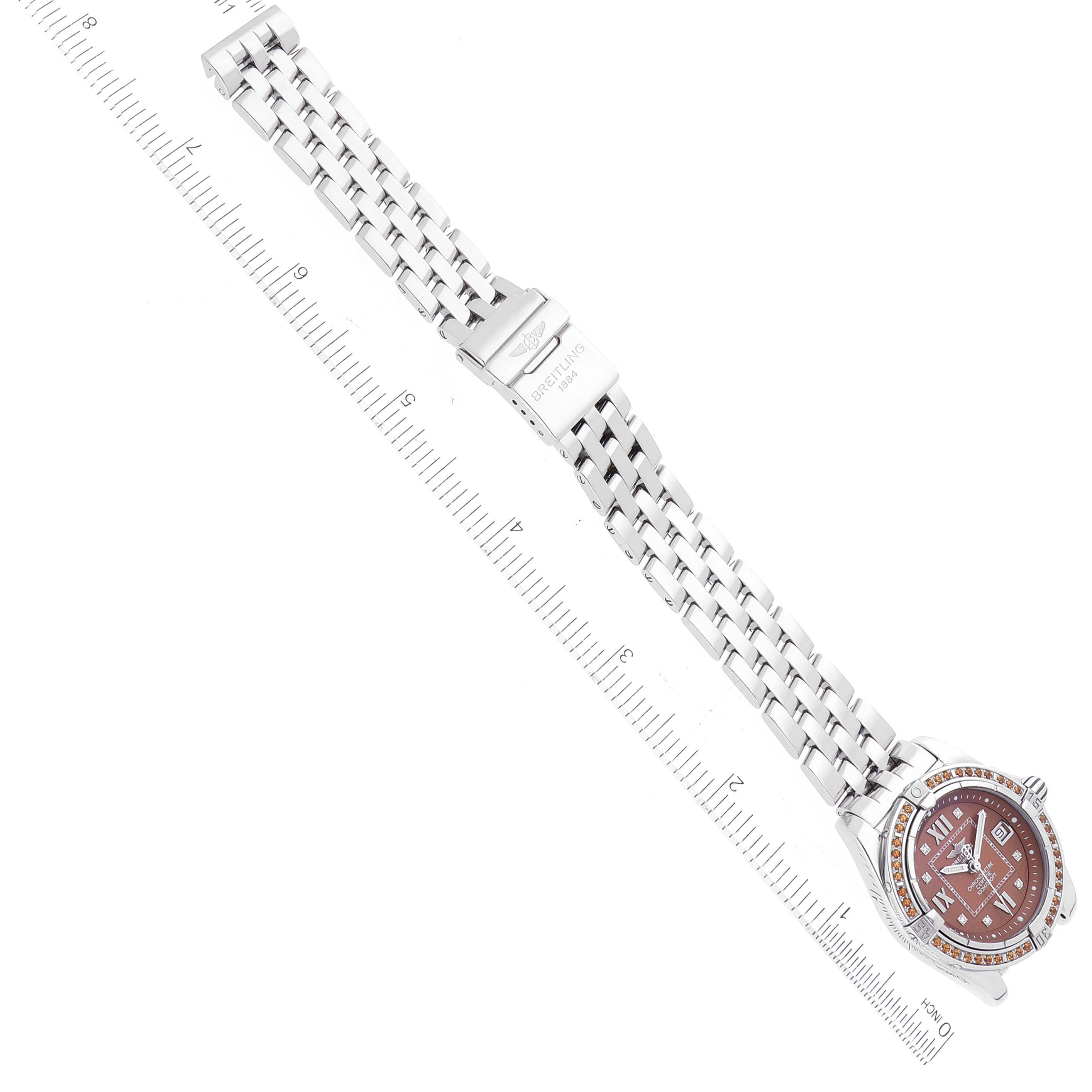 The Galactic Bronze Dial Diamond Bezel Steel Ladies Watch A71356 by Breitling A71356 Women's Stainless Steel Brown Dial A71356 Women's Stainless Steel Brown Dial is displayed flat with its full bracelet and dial visible.