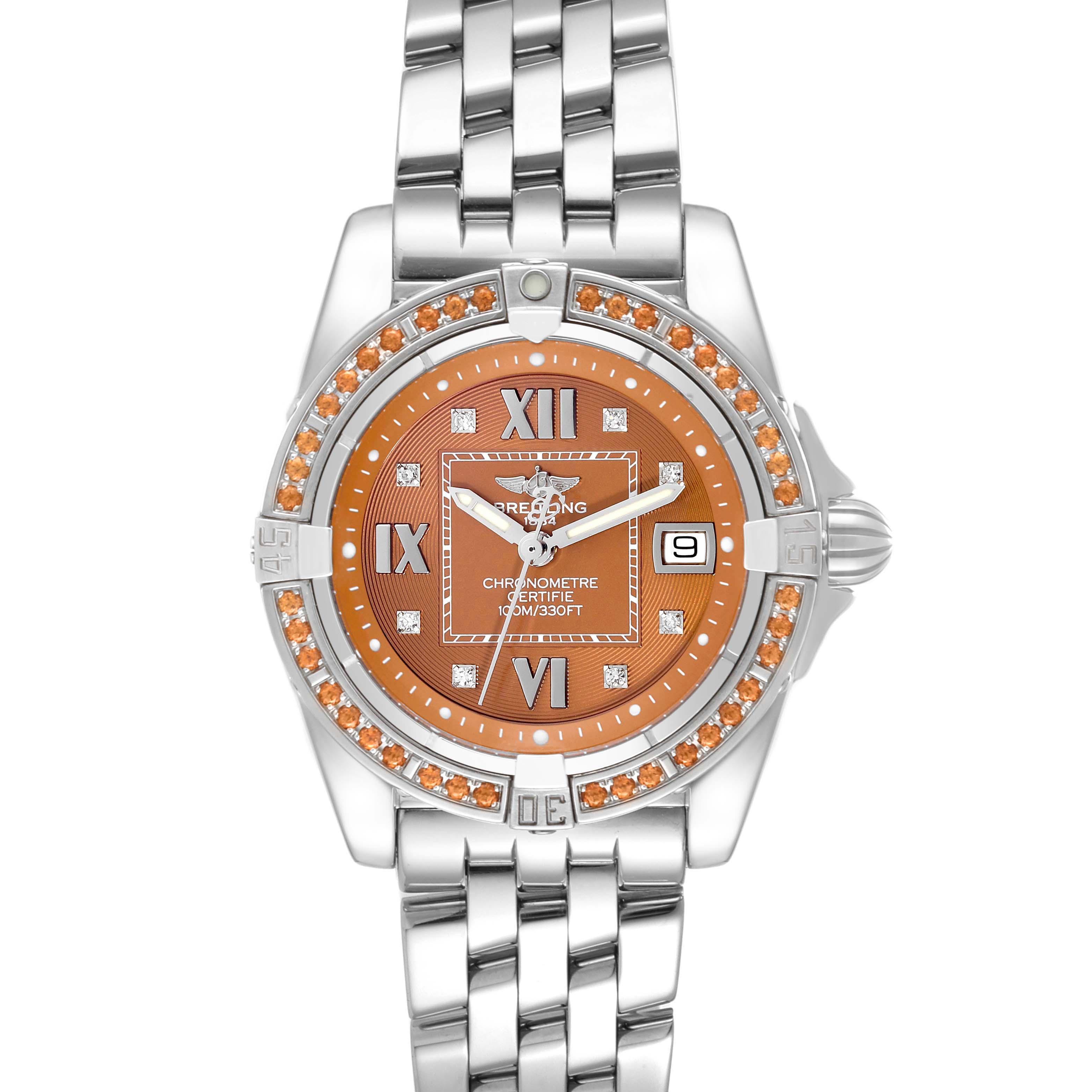 This image shows a front view of the Breitling A71356 Women's Stainless Steel Brown Dial A71356 Women's Stainless Steel Brown Dial Galactic Bronze Dial Diamond Bezel Steel Ladies Watch A71356.