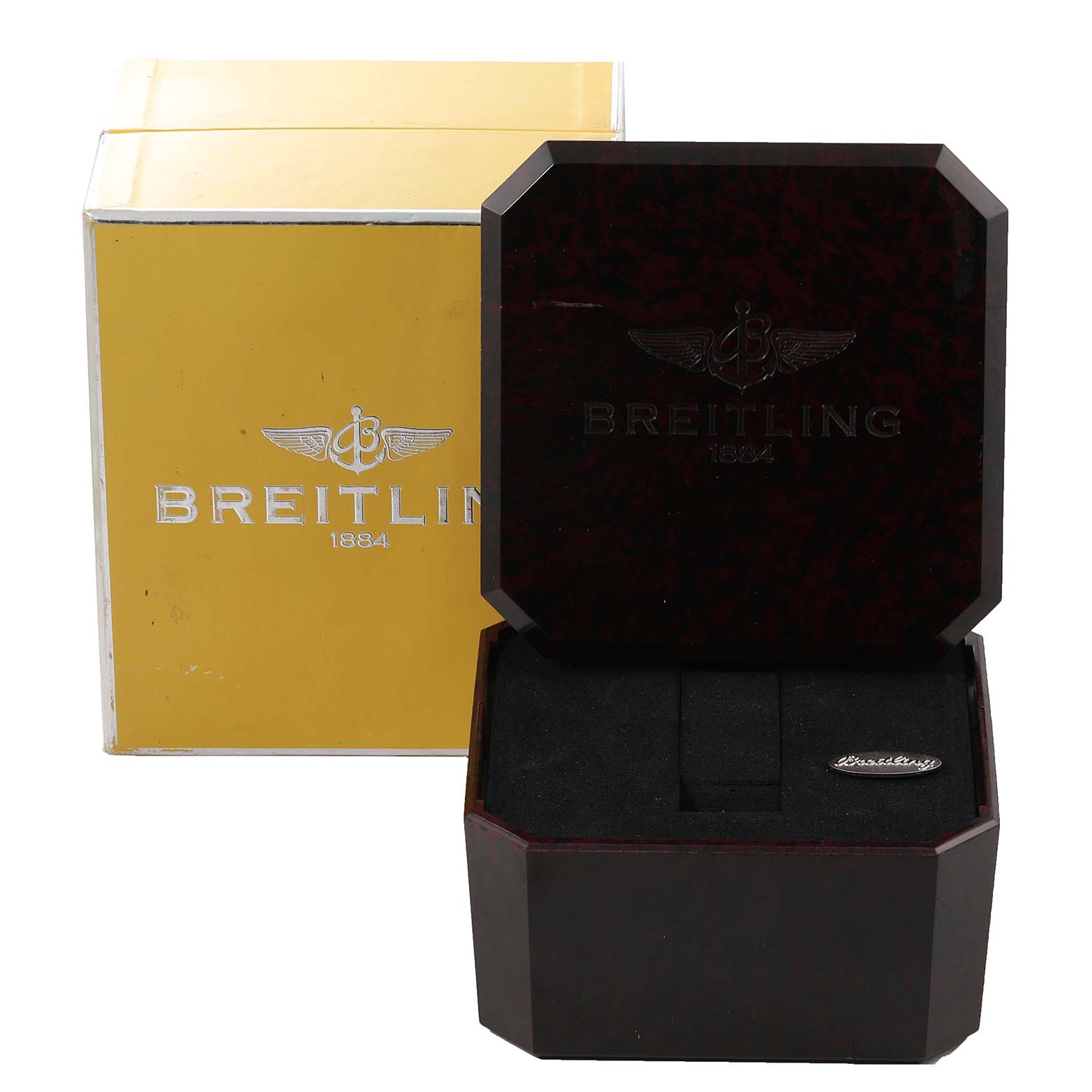 The image shows the packaging of the Breitling A71356 Women's Stainless Steel Brown Dial A71356 Women's Stainless Steel Brown Dial Galactic Bronze Dial Diamond Bezel Steel Ladies Watch A71356 model, including its box and case.