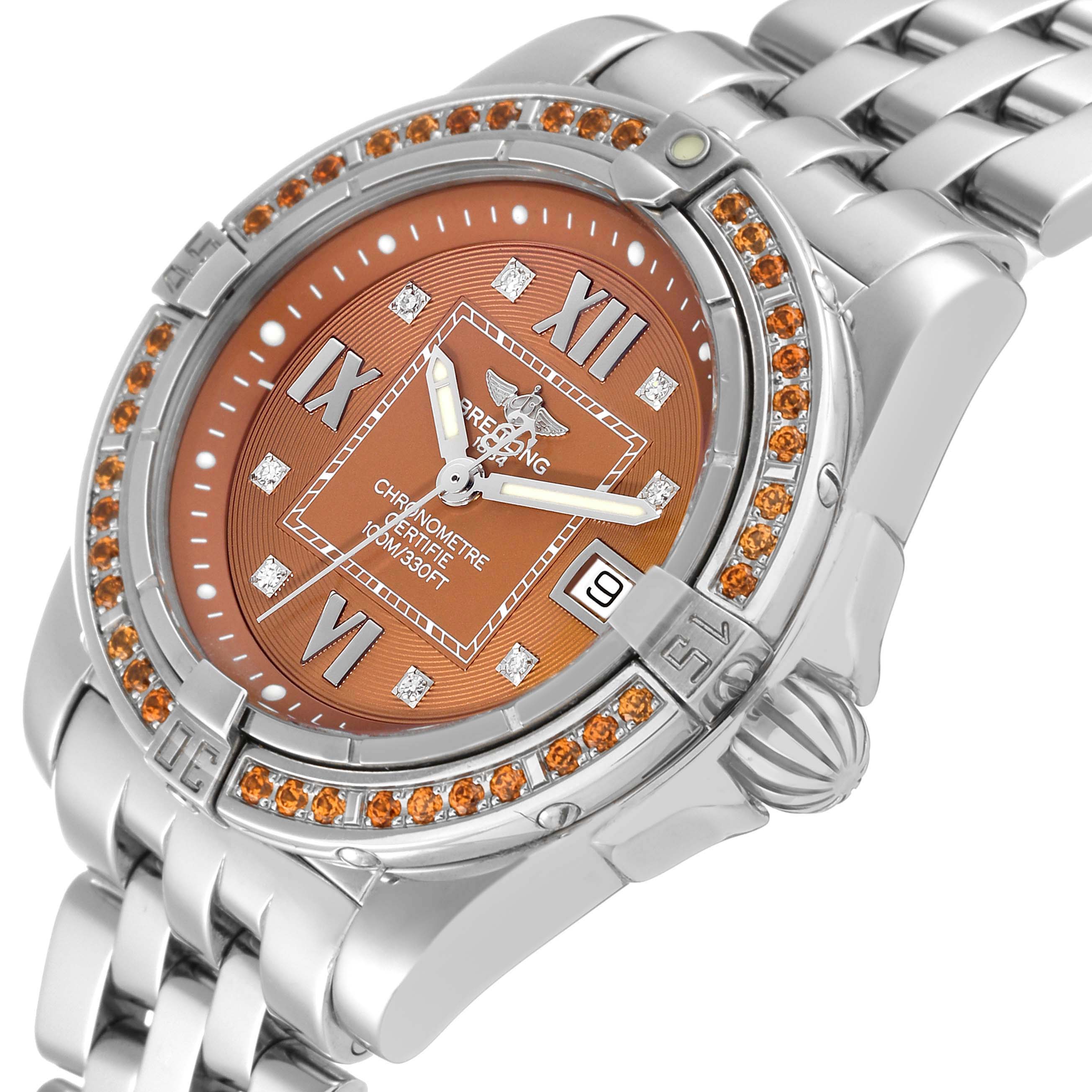 The image shows a close-up angled view of the Breitling A71356 Women's Stainless Steel Brown Dial A71356 Women's Stainless Steel Brown Dial Galactic A71356 Ladies Watch, highlighting the bronze dial and diamond-studded bezel.