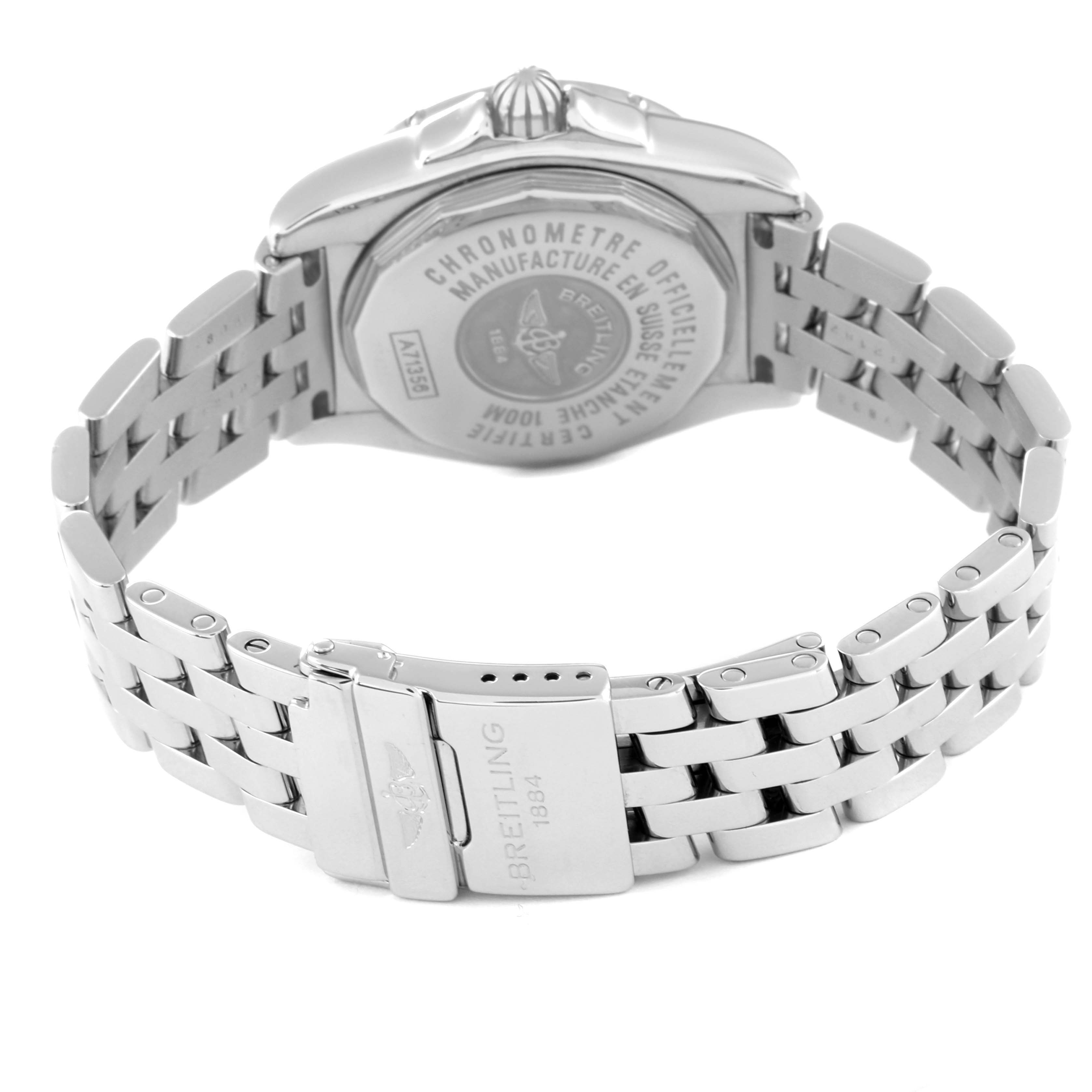 The image shows the back and part of the bracelet of a Breitling A71356 Women's Stainless Steel Brown Dial A71356 Women's Stainless Steel Brown Dial Galactic A71356 Ladies Watch in a laid-flat position.