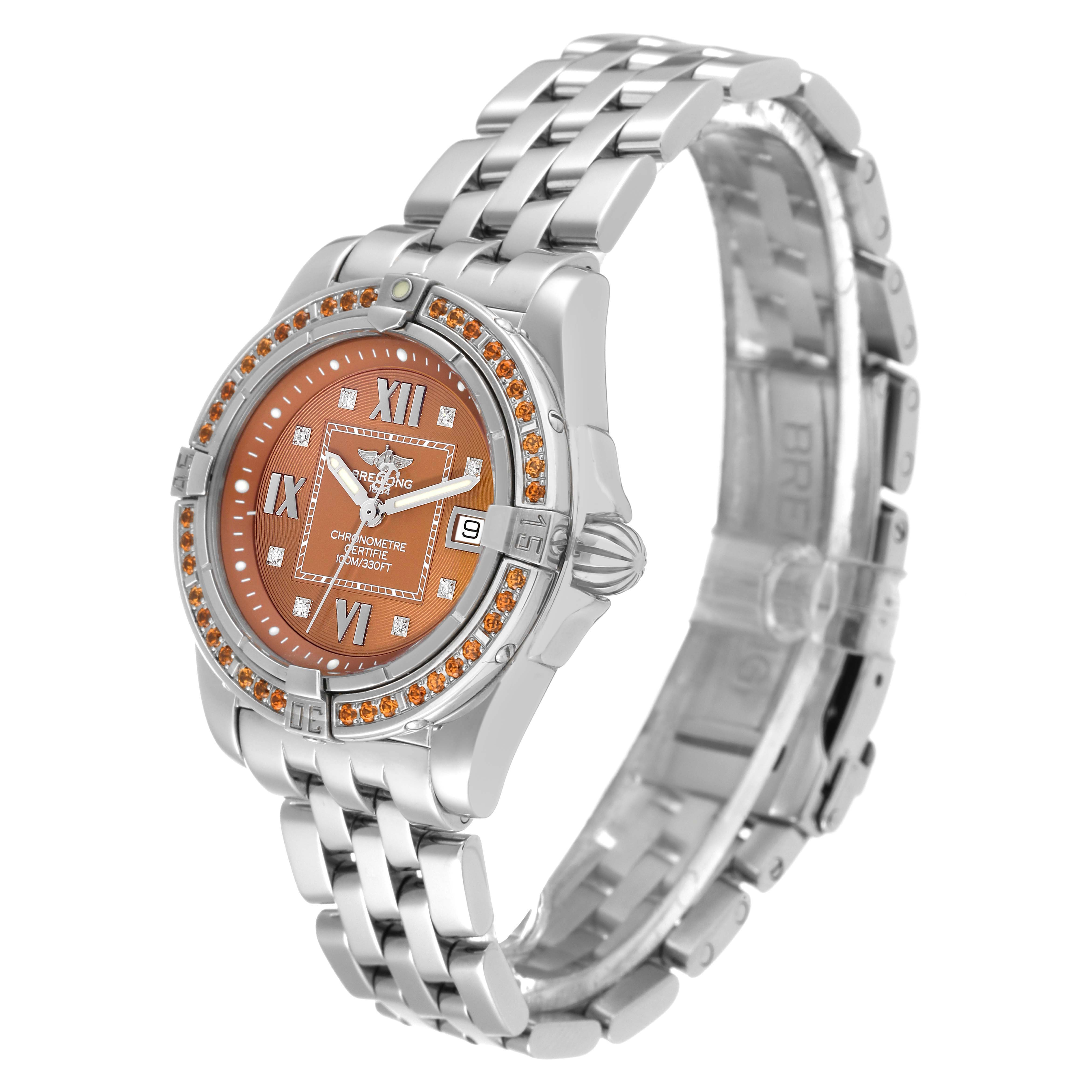 The Breitling A71356 Women's Stainless Steel Brown Dial A71356 Women's Stainless Steel Brown Dial Galactic A71356 is shown at an angled side view, highlighting its bronze dial, diamond bezel, and steel bracelet.
