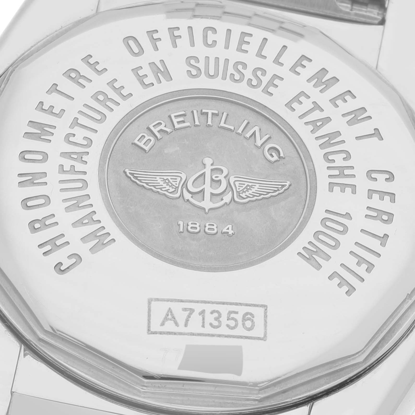 The image shows the back case of the Breitling A71356 Women's Stainless Steel Brown Dial A71356 Women's Stainless Steel Brown Dial Galactic Bronze Dial Diamond Bezel Steel Ladies Watch A71356 model.