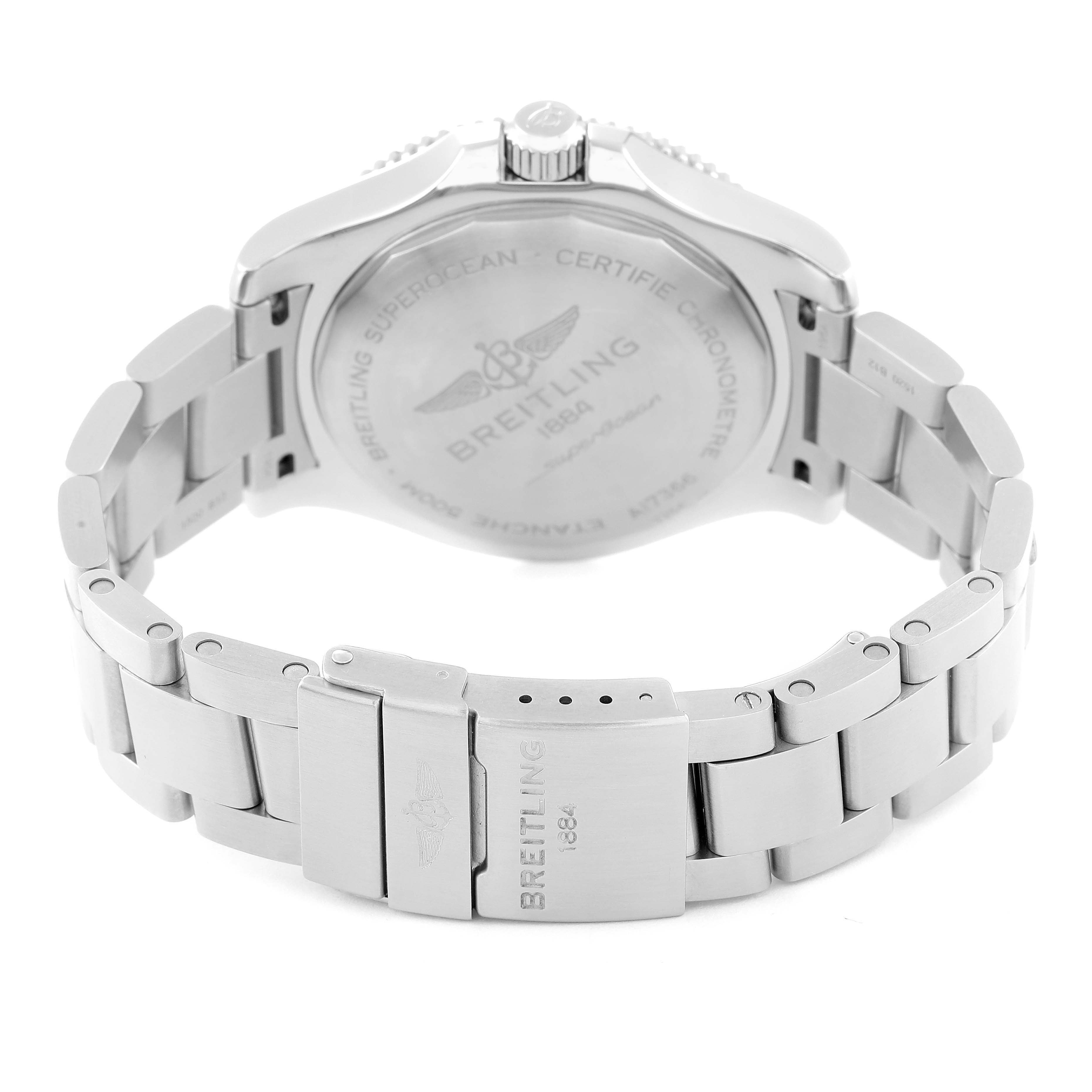 This image shows the back and bracelet of the Breitling Superocean A17366 Men's Stainless Steel Orange Dial A17366 Men's Stainless Steel Orange Dial watch with the clasp and case back visible.