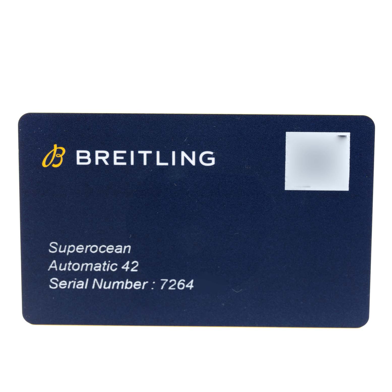 This image shows a warranty card for the Breitling Superocean A17366 Men's Stainless Steel Orange Dial A17366 Men's Stainless Steel Orange Dial Automatic 42, displaying the brand, model, and serial number.